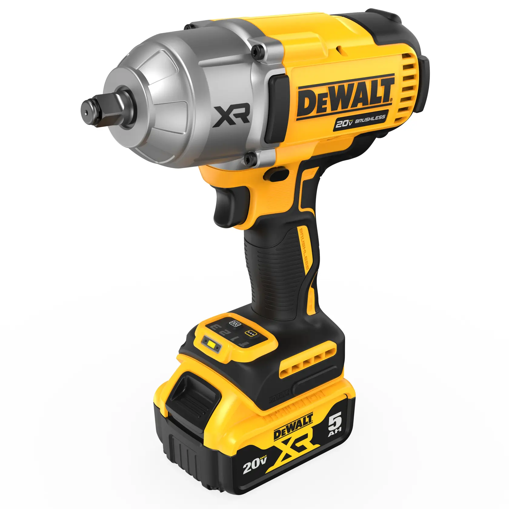 Uma chave de impacto sem fio DEWALT 20V XR com design amarelo e preto, mostrada com uma bateria de íon de lítio de 5 Ah acoplada. A marca e os detalhes do modelo estão visíveis na ferramenta.