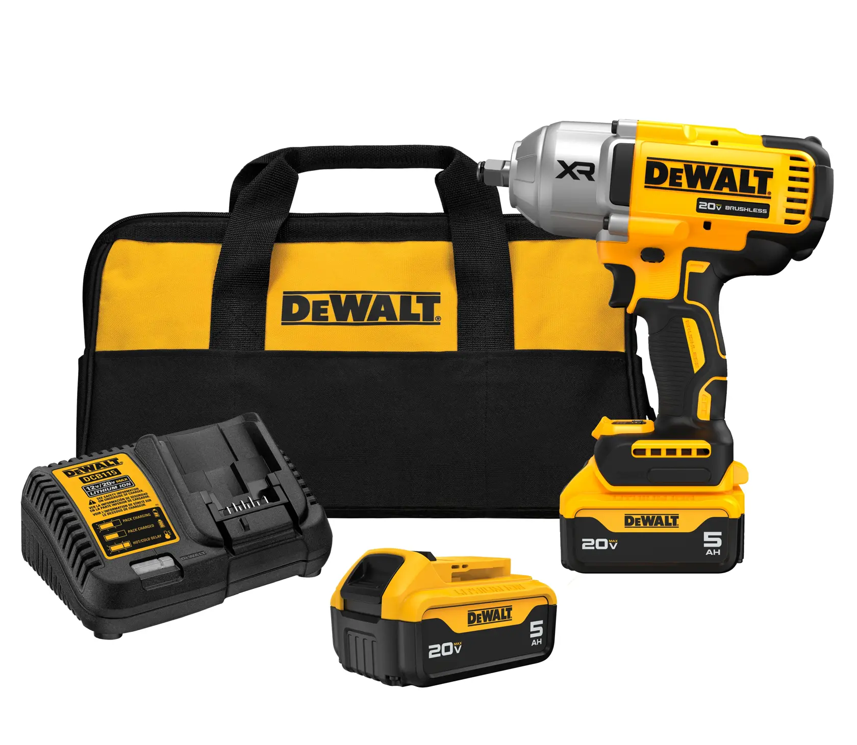 Kit de parafusadeira de impacto sem fio DEWALT, incluindo uma parafusadeira de impacto amarela e preta, duas baterias de íons de lítio 20V 5Ah, um carregador de bateria e uma bolsa de transporte amarela e preta com o logo DEWALT.