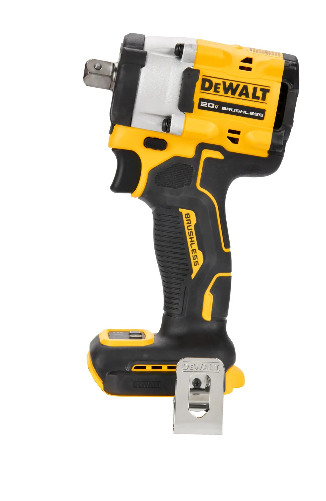 Uma chave de impacto sem fio DEWALT 20V brushless, mostrada em pé sobre um fundo branco. A ferramenta é preta e amarela com um clipe de metal preso próximo à base.
