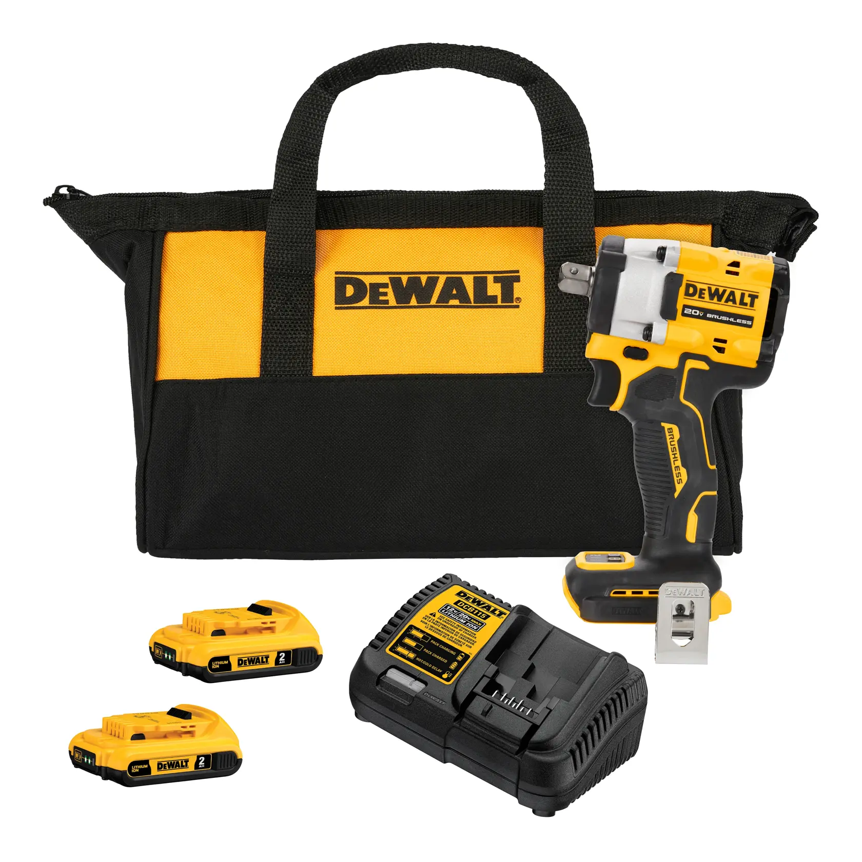 Um kit de ferramentas DEWALT incluindo uma bolsa de transporte preta e amarela, uma chave de impacto sem fio, duas baterias recarregáveis e um carregador de baterias.