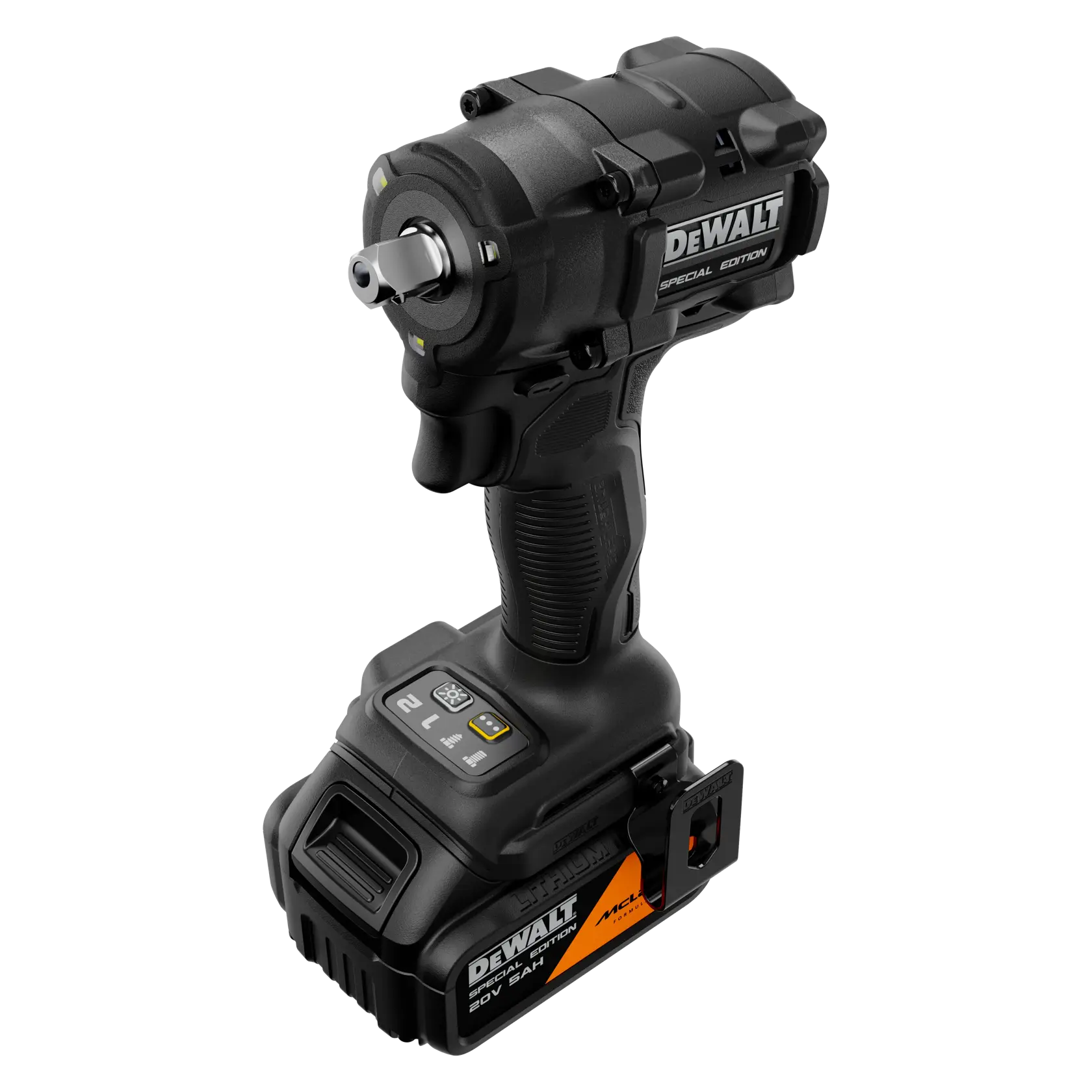 Chave de impacto sem fio DEWALT edição especial, com design preto e amarelo, bateria de 20V e cabo ergonômico.