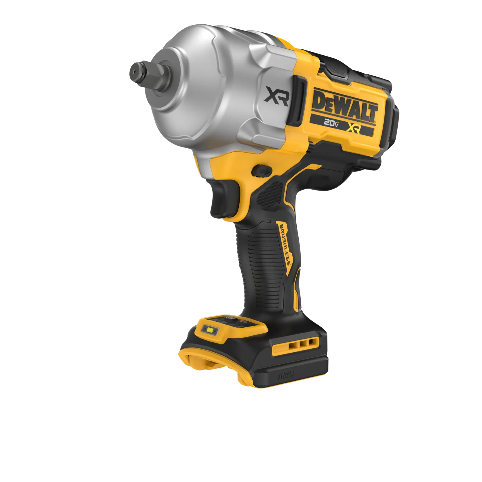 Uma chave de impacto sem fio DEWALT, modelo XR de 20V, com design amarelo e preto. A ferramenta está mostrada sem a bateria conectada.