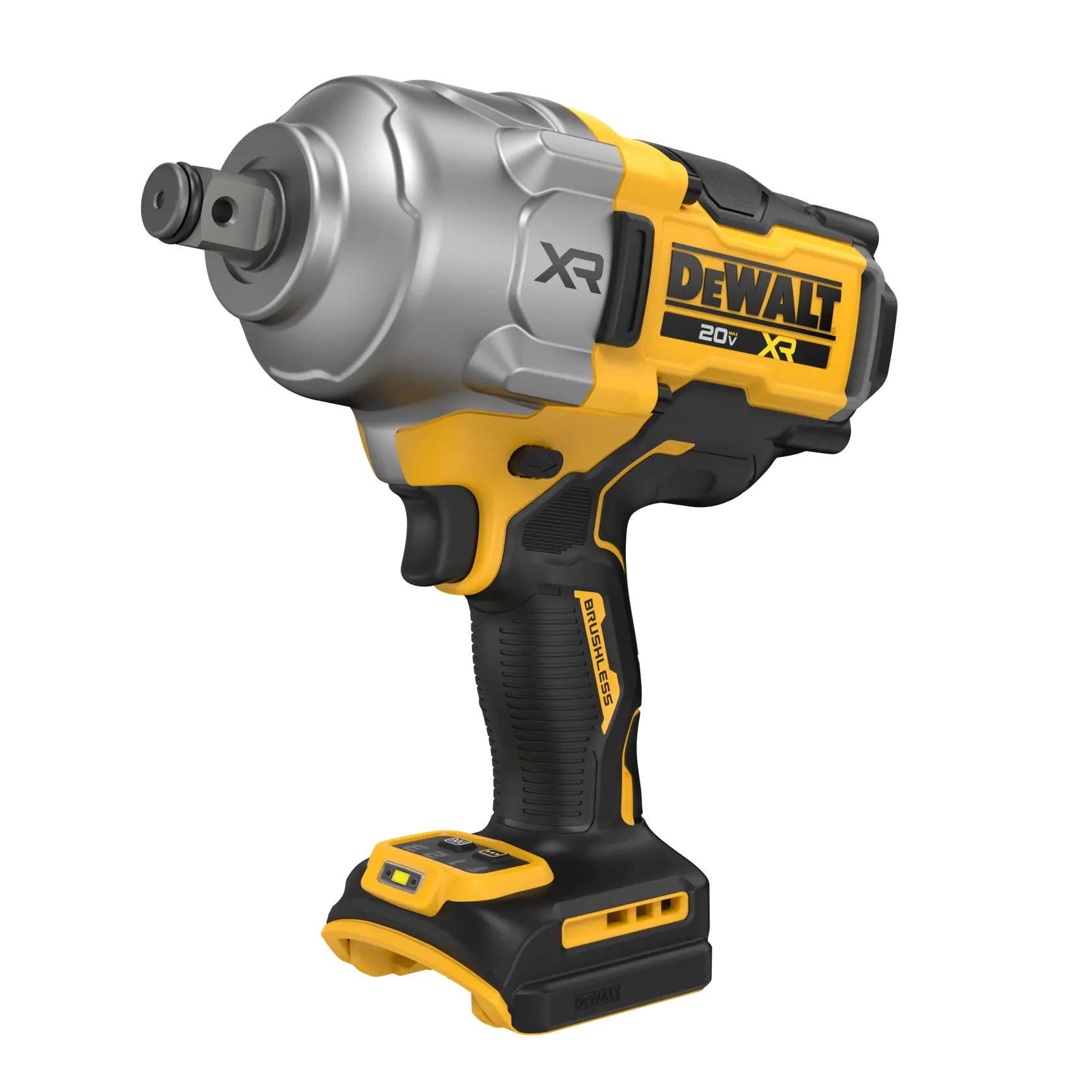 Uma chave de impacto sem fio DEWALT 20V XR com design robusto em prata e amarelo, motor brushless e cabo ergonômico.
