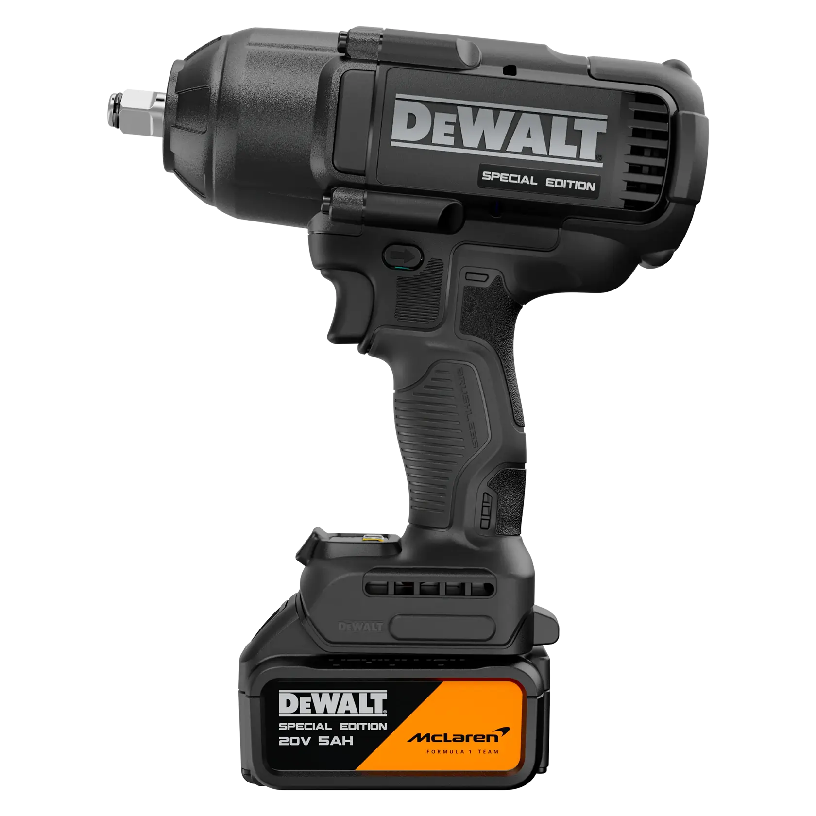 Chave de impacto sem fio DEWALT Edição Especial com bateria de 20V 5Ah. A ferramenta é predominantemente preta e apresenta o