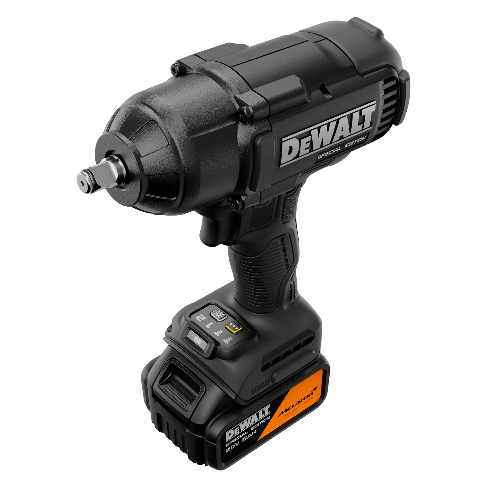 Uma chave de impacto sem fio de alto torque da DEWALT, com design preto e laranja e uma bateria recarregável acoplada na