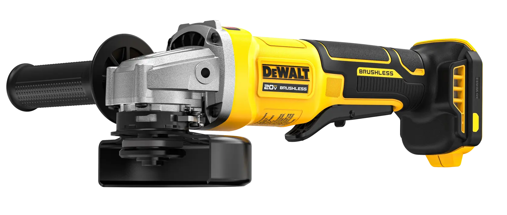 Esmerilhadeira angular sem fio DEWALT, modelo DCG408B, exibida com recursos destacados incluindo motor sem escova, telas de malha, operação com interruptor de paddle, tamanho de roda de 4,5 polegadas, remoção rápida do protetor e etiqueta Perform and Protect. A imagem também mostra o gráfico 20V Max Brushless.