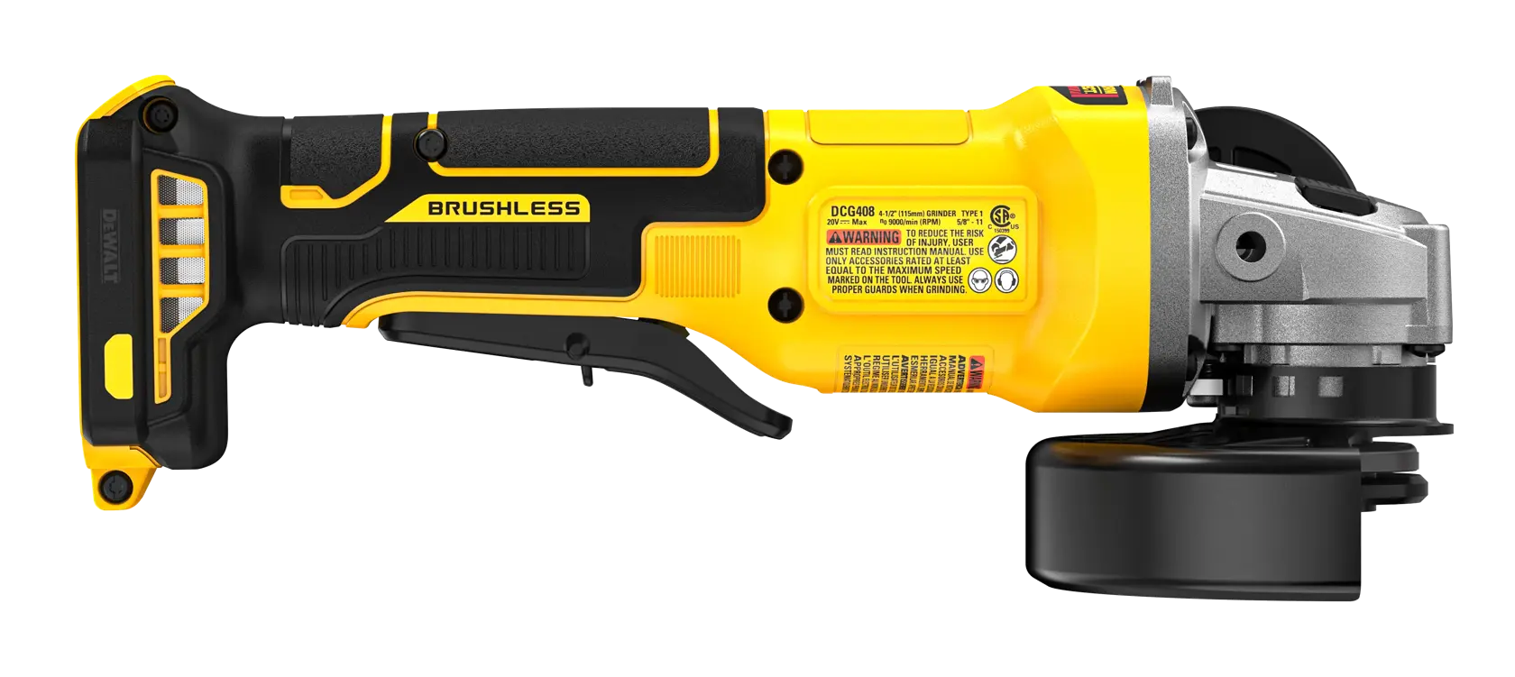 Uma pessoa utiliza uma esmerilhadeira angular sem fio DEWALT (modelo DCG408B) para trabalhar em um poste de metal ao ar livre, com faíscas visíveis. A ferramenta está em uso com mãos enluvadas sobre solo de terra. O texto na imagem destaca que a esmerilhadeira é 8% mais leve que a esmerilhadeira angular DCG412 e que a bateria é vendida separadamente.