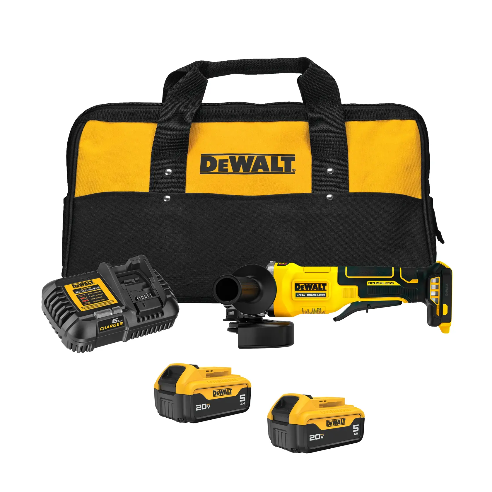 Kit de esmerilhadeira angular sem fio DEWALT 20V com bolsa de transporte preta e amarela, carregador de bateria, duas baterias de íon de lítio 20V 5Ah e ferramenta esmerilhadeira sem fio.