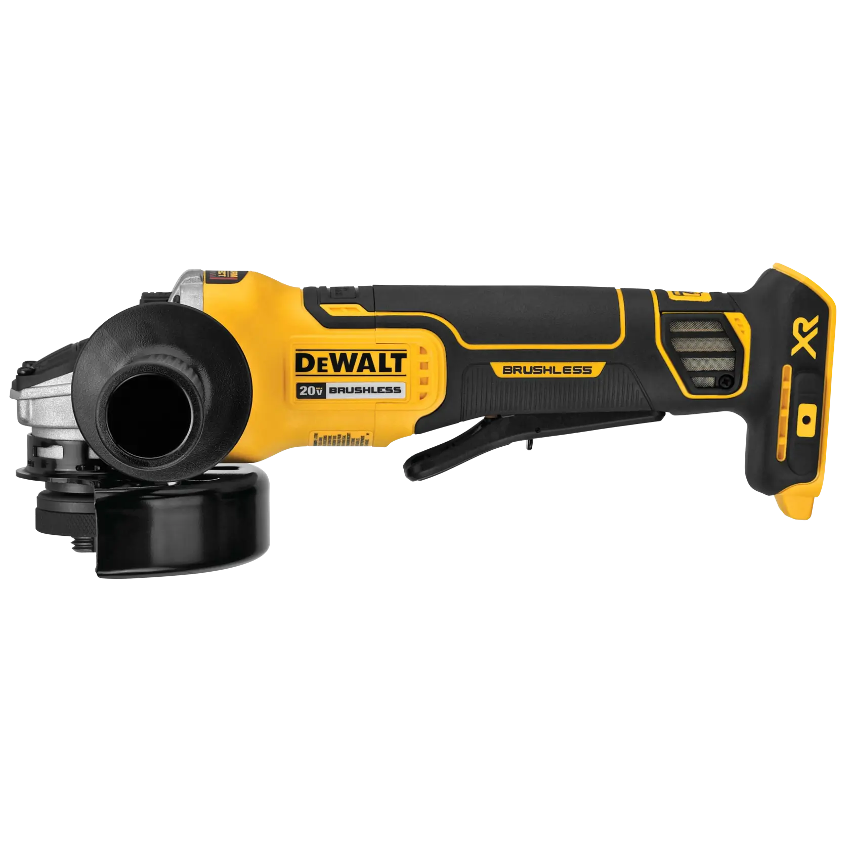 Uma esmerilhadeira angular sem fio DEWALT 20V brushless com design amarelo e preto, exibida em fundo branco.