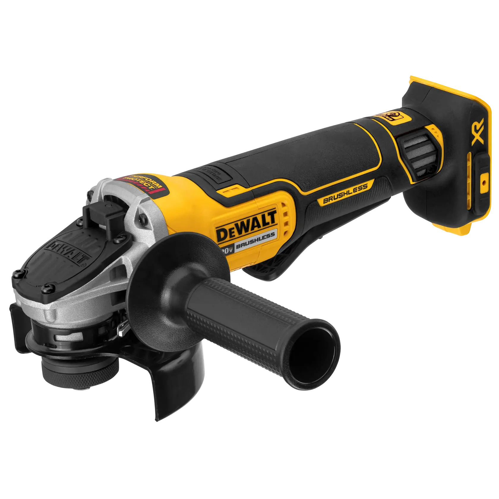 Uma esmerilhadeira angular sem fio DEWALT com design preto e amarelo, motor brushless e cabo ergonômico.