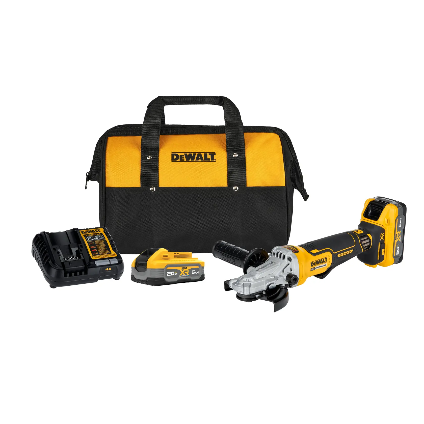 Kit de esmerilhadeira angular sem fio DEWALT, incluindo uma bolsa de transporte amarela e preta, um carregador de bateria, duas baterias de 20V e a esmerilhadeira sem fio.