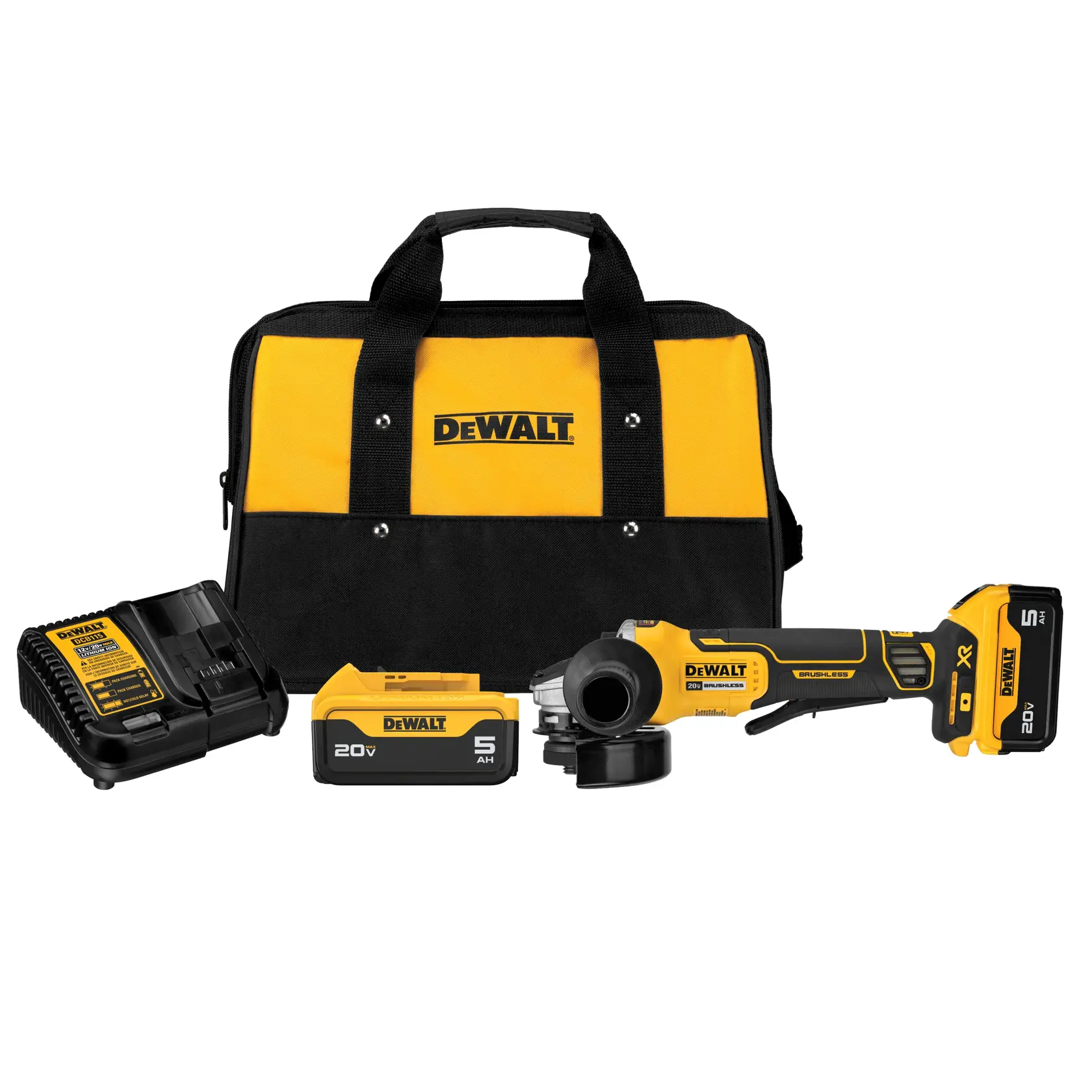 Um kit de ferramentas DEWALT contendo uma bolsa de transporte amarela e preta, uma esmerilhadeira angular sem fio, uma bateria, um carregador de bateria e uma bateria adicional de 20V.