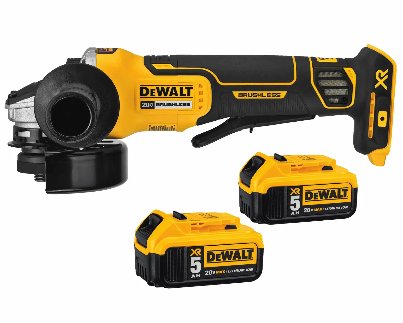Uma esmerilhadeira angular DEWALT 20V brushless com duas baterias de íon de lítio 20V MAX de 5Ah, apresentada nas cores amarelo e preto.