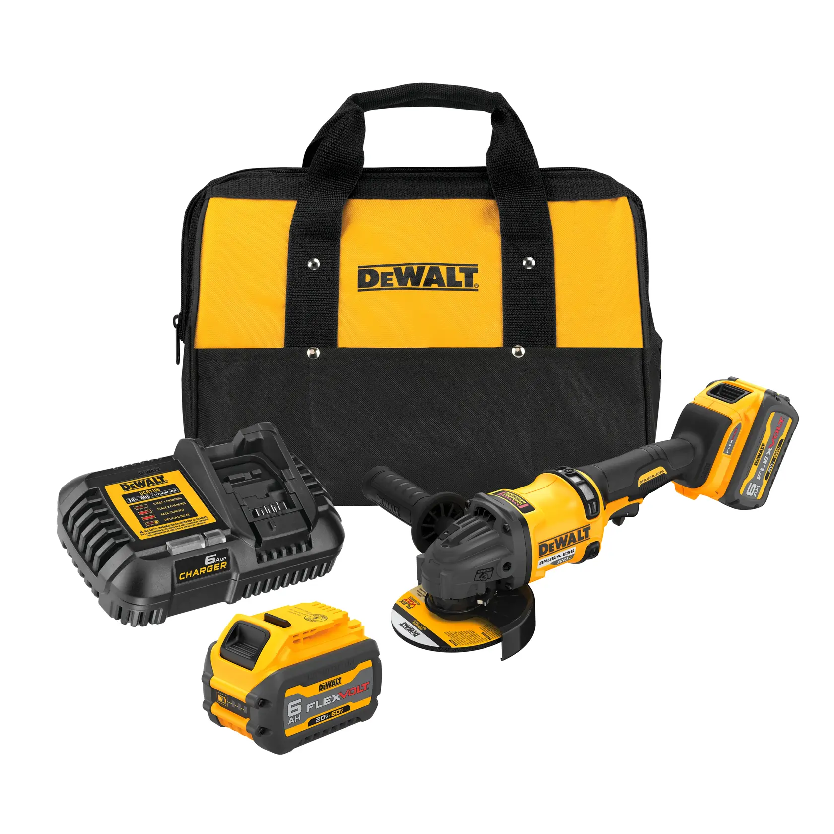 Uma esmerilhadeira angular brushless DEWALT sem fio com design amarelo e preto, incluindo cabo lateral e bateria de íon de lítio FLEXVOLT 60V.
