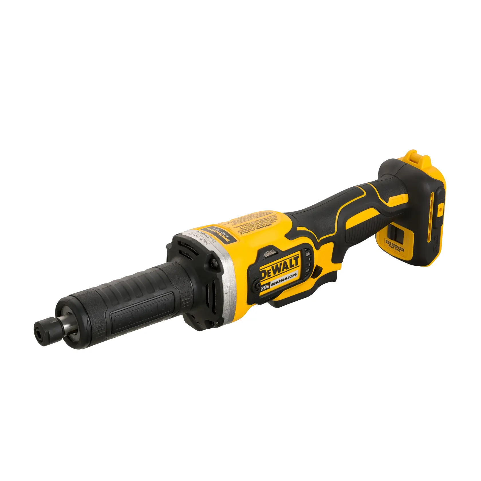 Uma ferramenta portátil sem fio DEWALT, especificamente uma esmerilhadeira brushless 20V, é mostrada com um design amarelo e preto. A ferramenta está posicionada sobre um fundo branco.