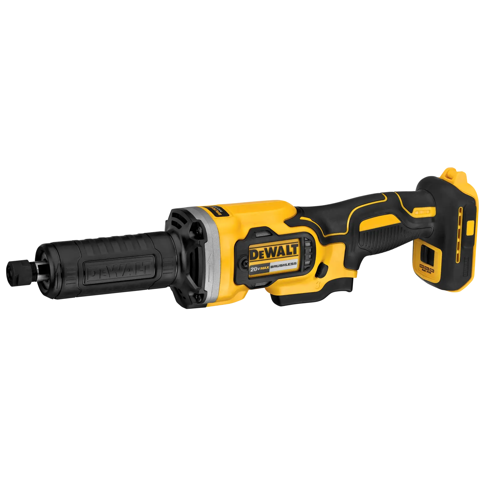 Um esmerilador reto sem fio DEWALT 20V MAX brushless em amarelo e preto, projetado para tarefas profissionais de desbaste e polimento. A ferramenta possui um cabo ergonômico e estrutura compacta, com compartimento de bateria visível na parte traseira.
