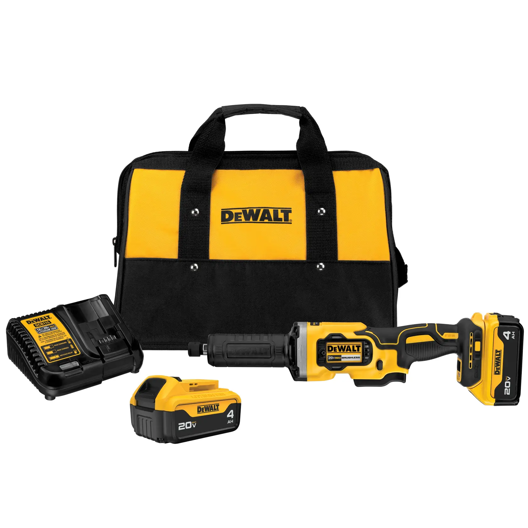 Um kit de esmerilhadeira sem fio DEWALT 20V Max, incluindo uma ferramenta elétrica amarela e preta, duas baterias, um carregador e uma bolsa de transporte DEWALT correspondente.