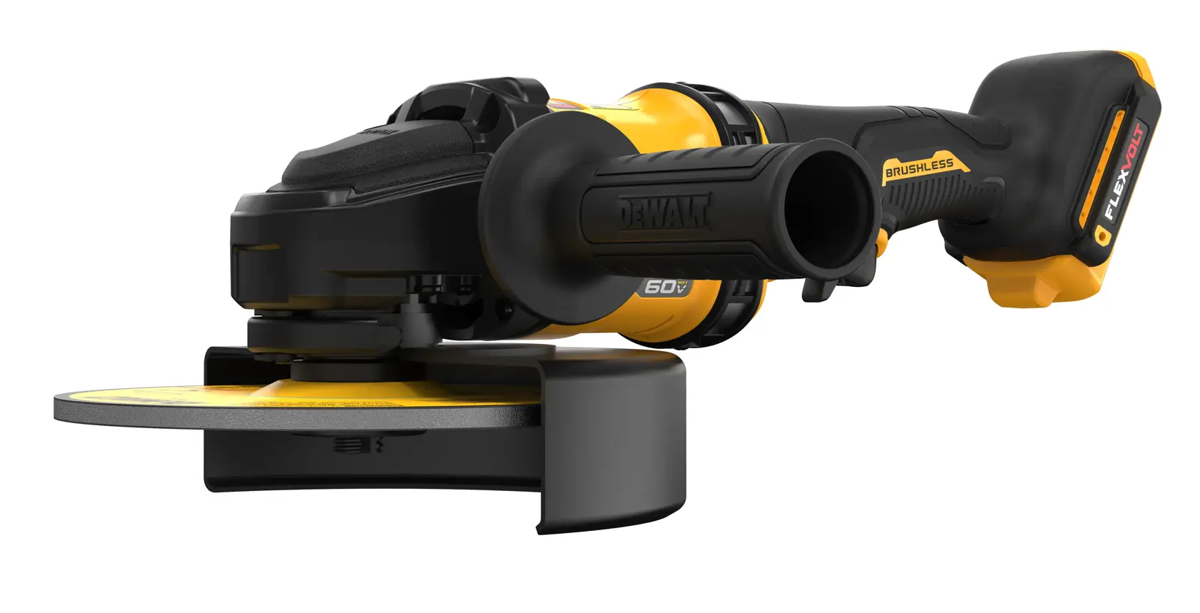 Uma esmerilhadeira angular sem fio da DEWALT com design amarelo e preto, equipada com cabo lateral e tecnologia de motor sem escovas.