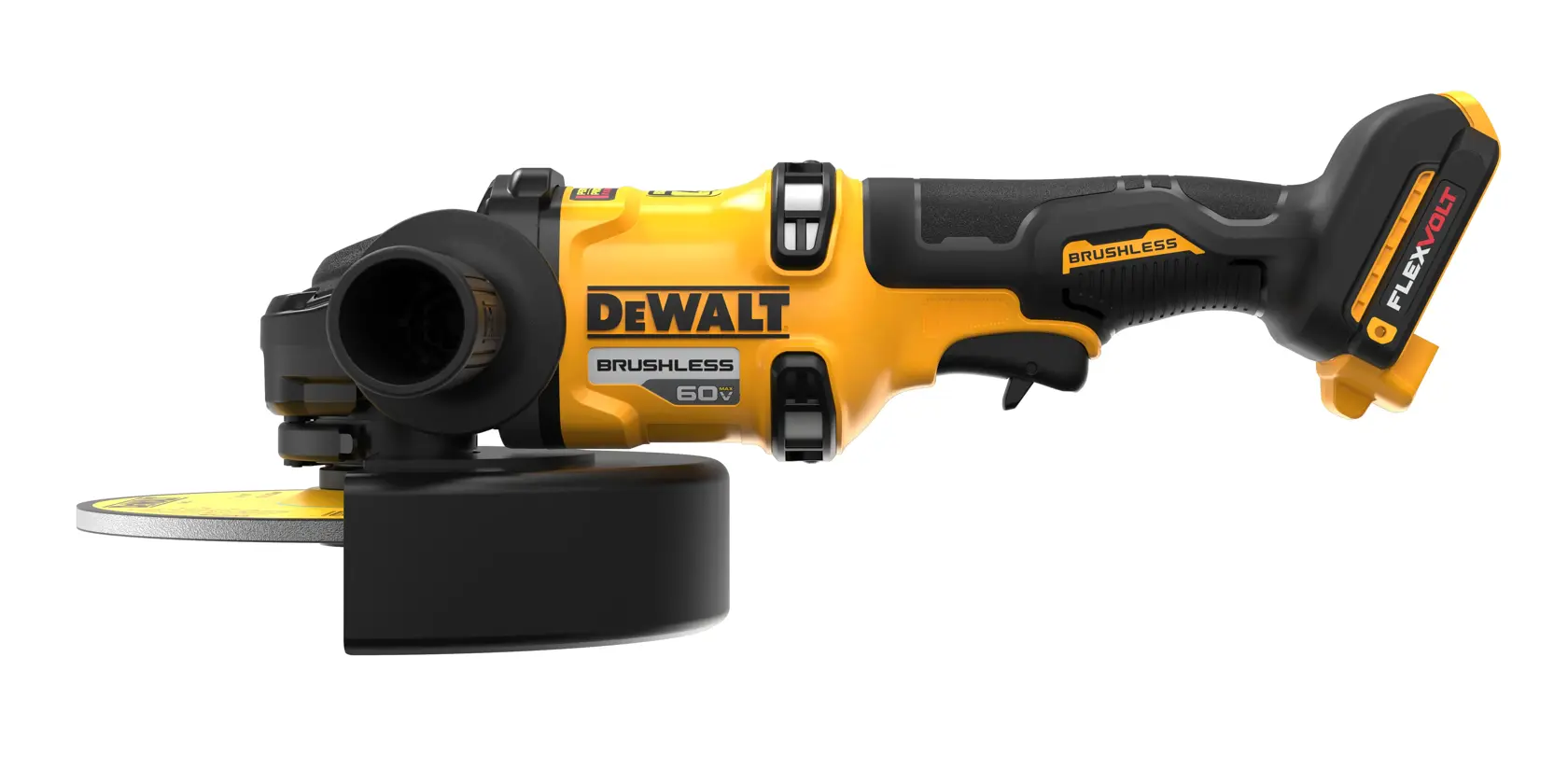 Vista lateral de uma esmerilhadeira angular sem fio DEWALT amarela e preta com motor brushless e bateria FLEXVOLT.