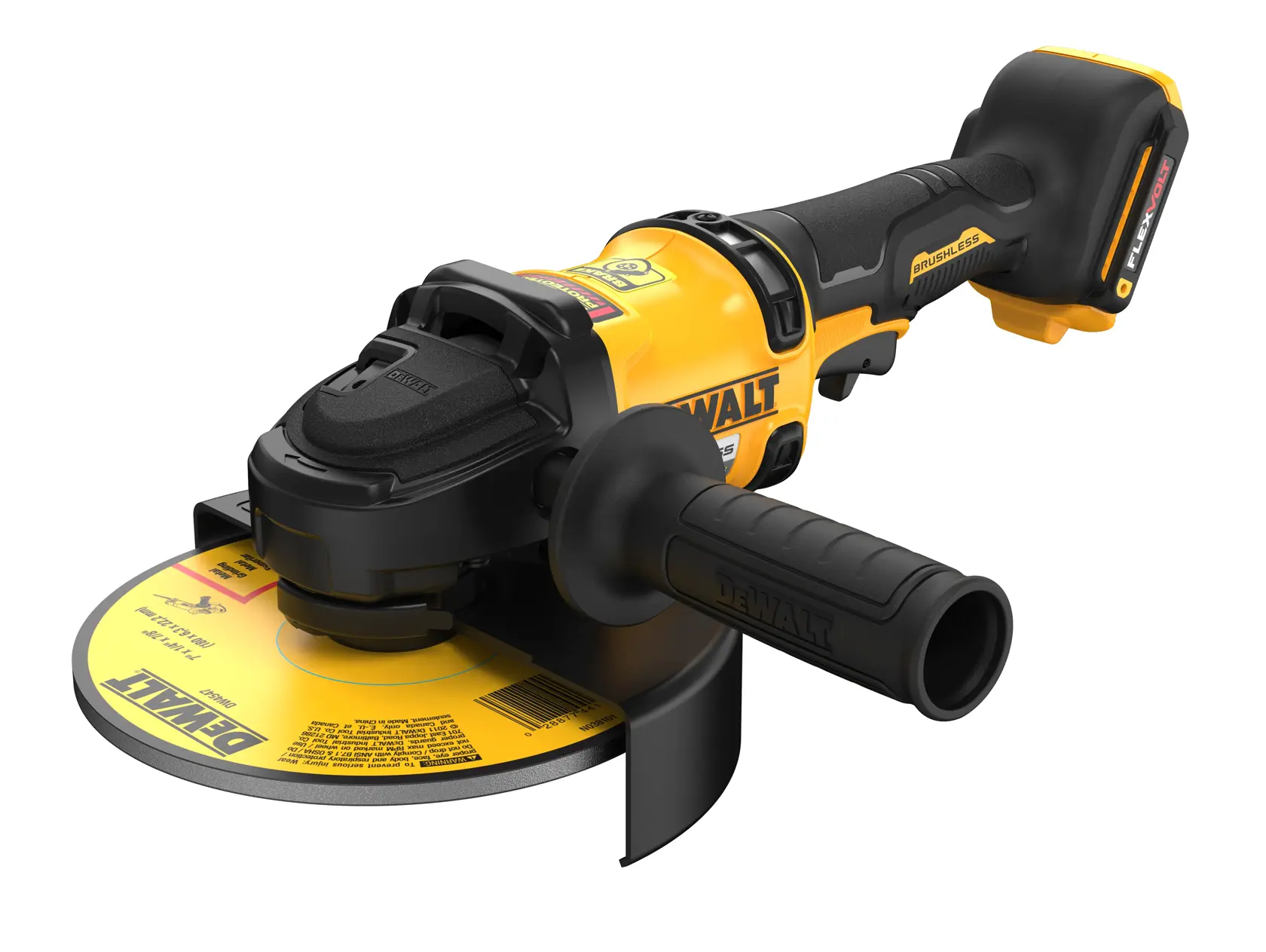 Uma esmerilhadeira angular sem fio DEWALT com design amarelo e preto, motor sem escovas, cabo lateral e proteção.