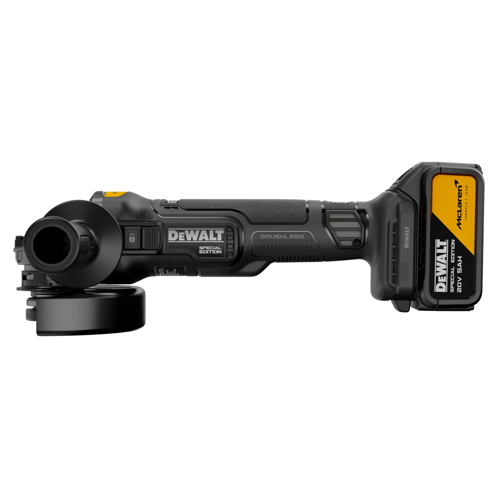 Uma esmerilhadeira angular sem fio edição especial DEWALT, com motor brushless e bateria de 20V, vista de lado contra um
