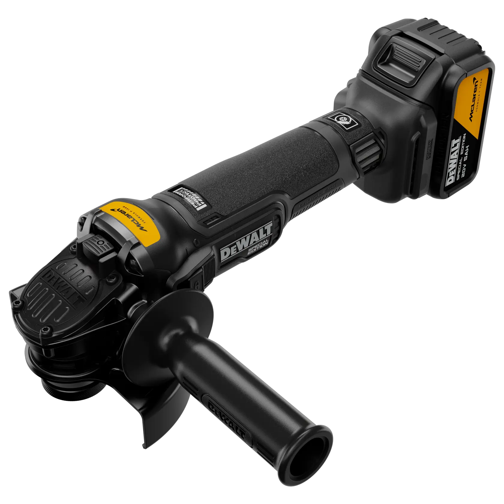 Uma esmerilhadeira angular sem fio DEWALT com corpo preto e detalhes em amarelo, com um cabo lateral e um pacote de bateria