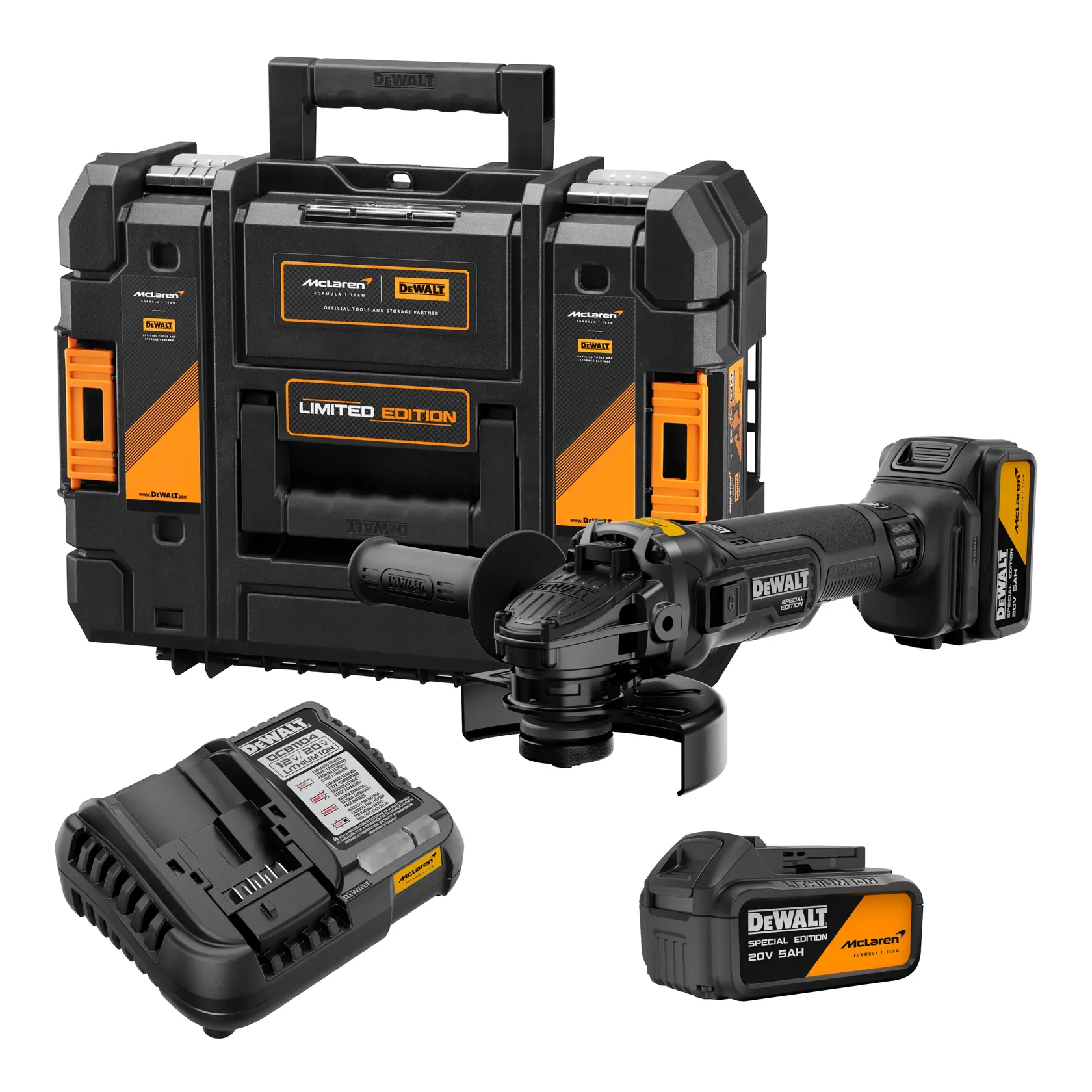 Um kit de esmerilhadeira angular sem fio DEWALT edição limitada McLaren, incluindo uma maleta de transporte preta e laranja