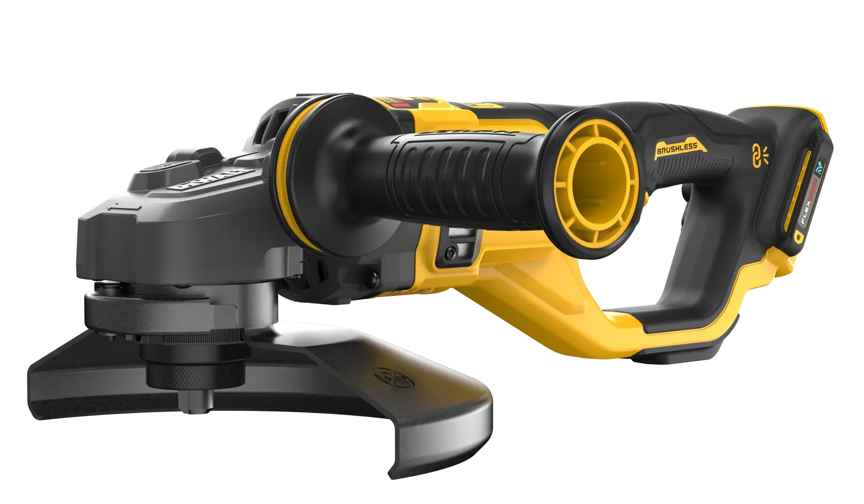 Uma rebarbadora angular sem fio DEWALT com design preto e amarelo, alça lateral e proteção ao redor do disco.