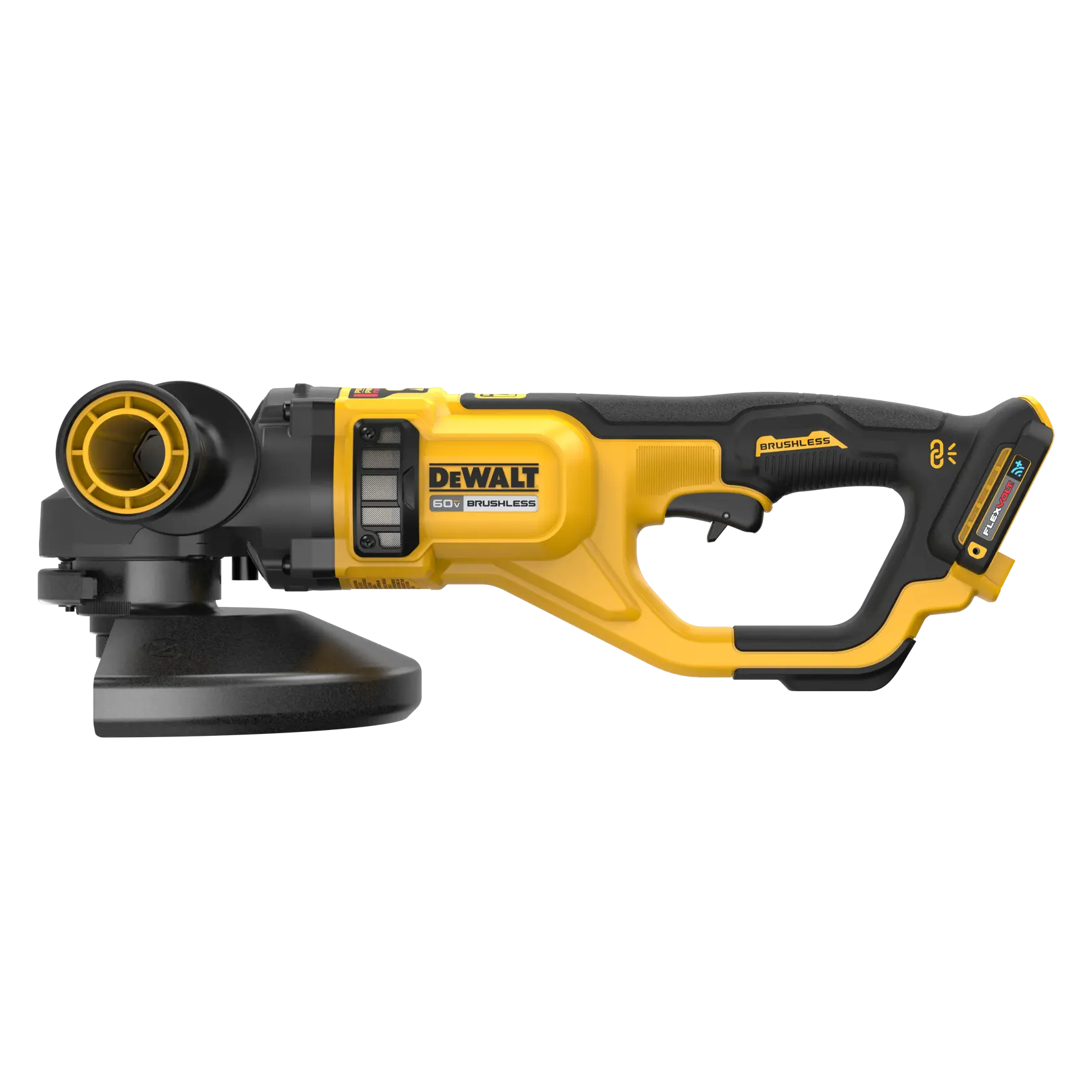 Vista lateral de uma esmerilhadeira angular sem fio DEWALT 60V brushless com design amarelo e preto, mostrando o cabo, o gatilho, o compartimento da bateria e o protetor do disco de moagem.