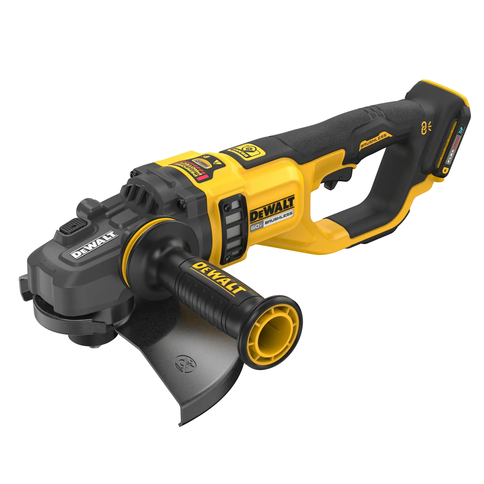 Uma esmerilhadeira angular sem fio da DEWALT com design amarelo e preto, tecnologia brushless e alça lateral.