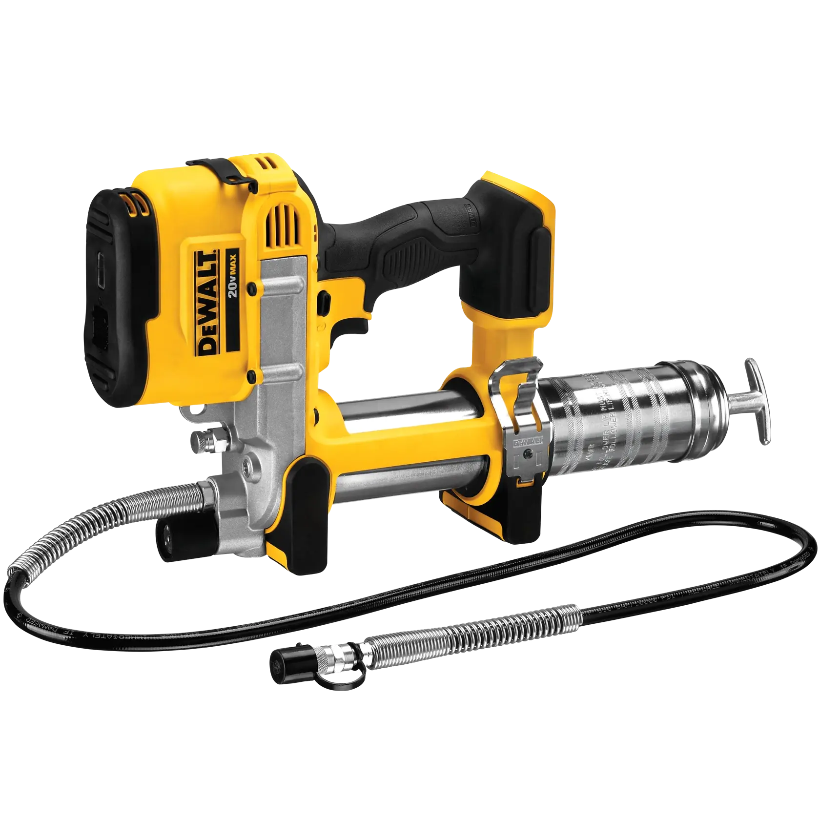 Uma pistola de lubrificação sem fio DEWALT DCGG571 com design amarelo e preto, possui mangueira flexível e cabo ergonômico.