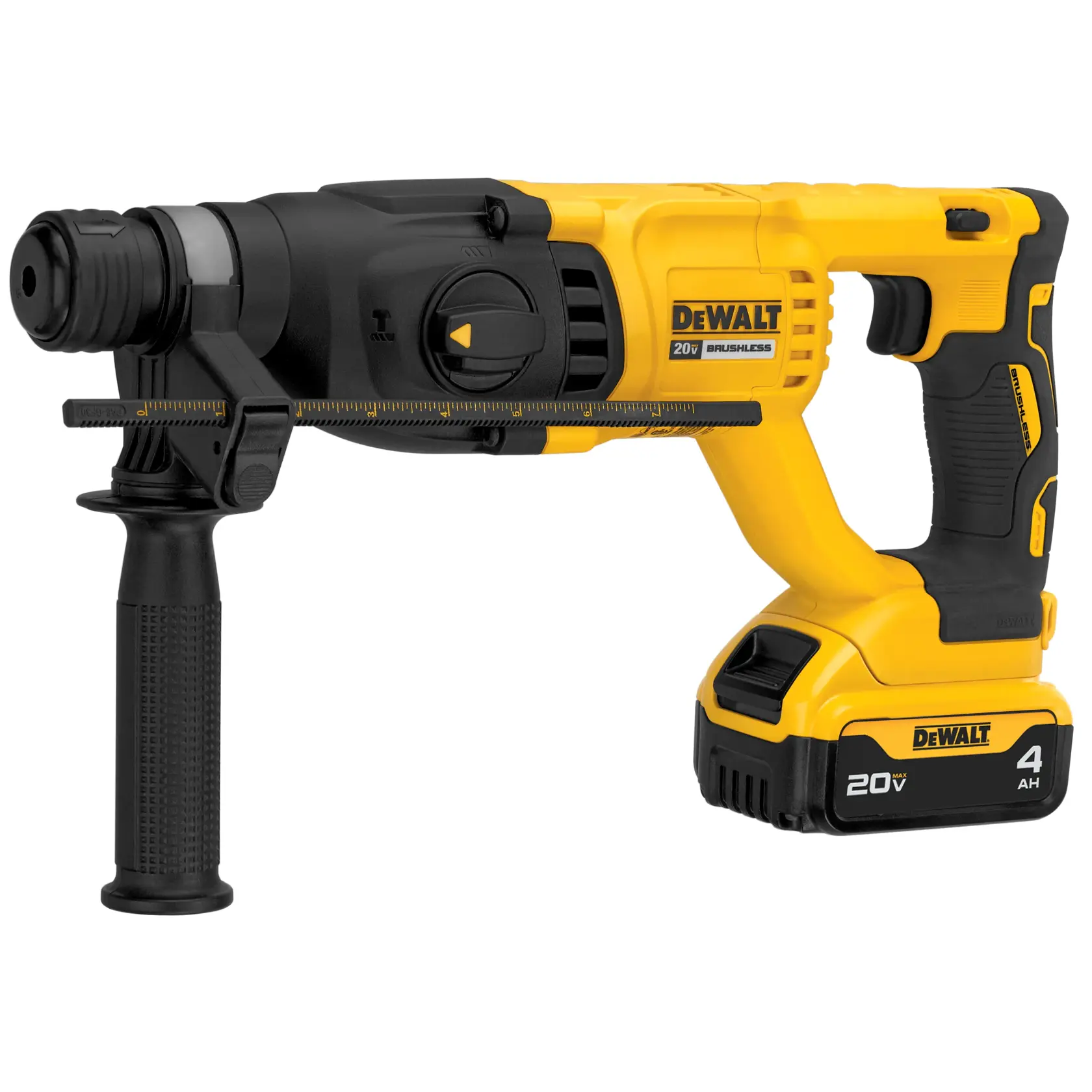 Um martelete rotativo DEWALT 20V brushless com design amarelo e preto, incluindo uma alça lateral e bateria de 4Ah acoplada.