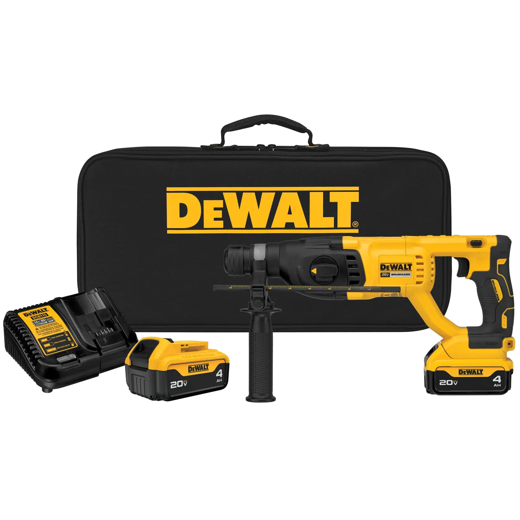 Kit martelete rotativo sem fio DEWALT 20V, incluindo um martelete amarelo e preto, dois pacotes de bateria, um carregador e uma maleta de transporte preta com o logotipo DEWALT.