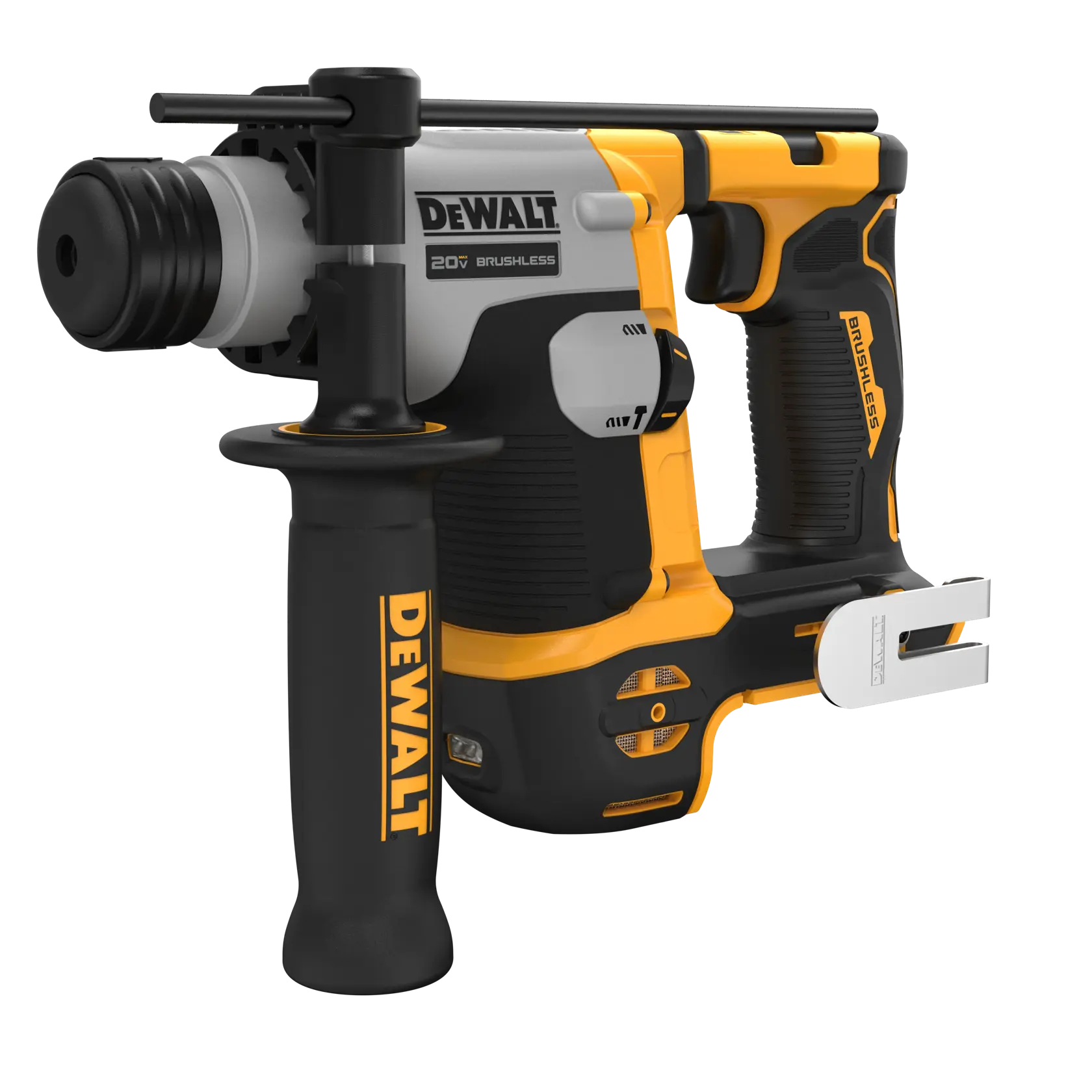 Um martelete rotativo DEWALT 20V brushless com cabo lateral e gancho de metal para cinto, apresentando o logotipo DEWALT no cabo e um design robusto nas cores amarelo e preto.