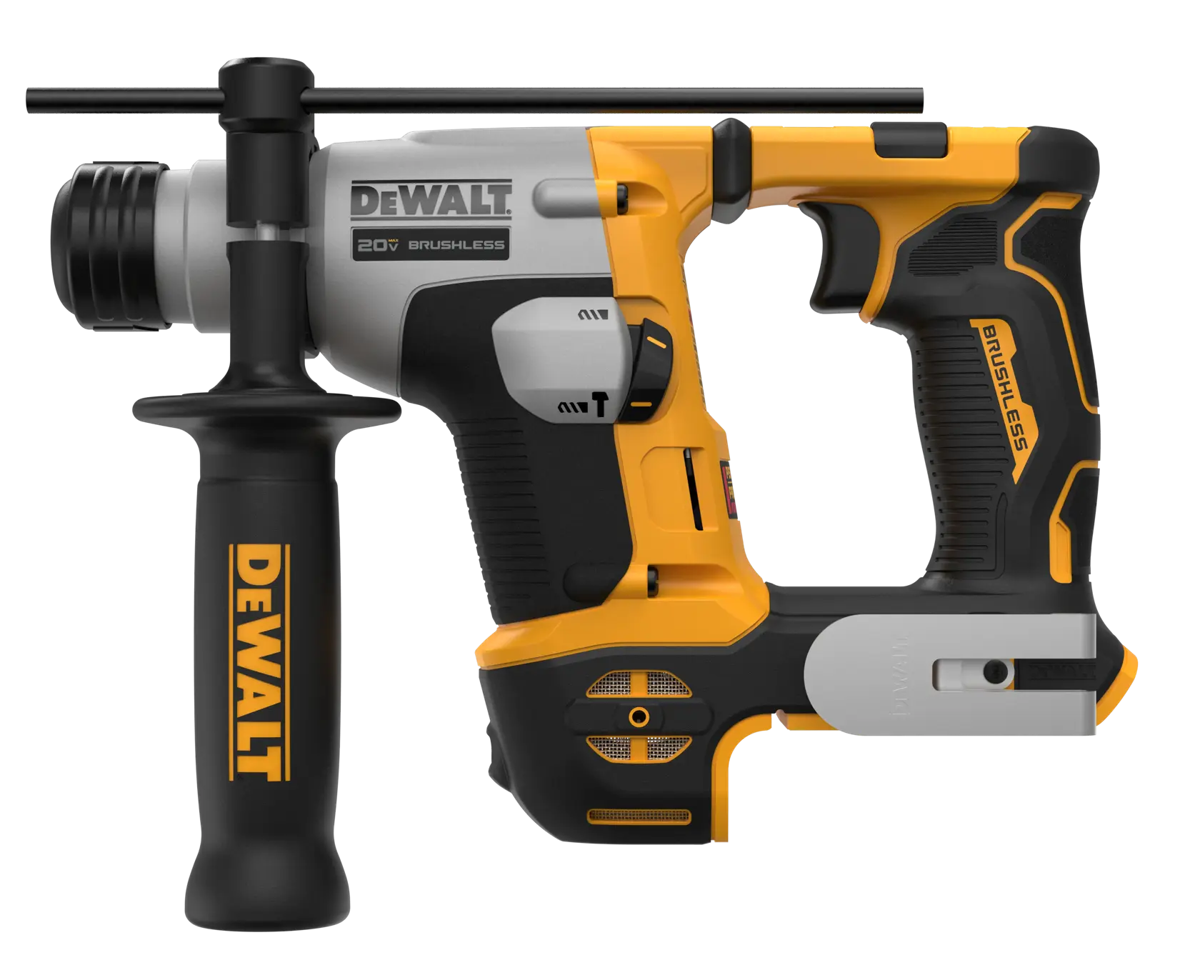 Um martelete rotativo DEWALT 20V brushless com cabo lateral, apresentando um design amarelo e preto. O logotipo DEWALT é visível na alça.