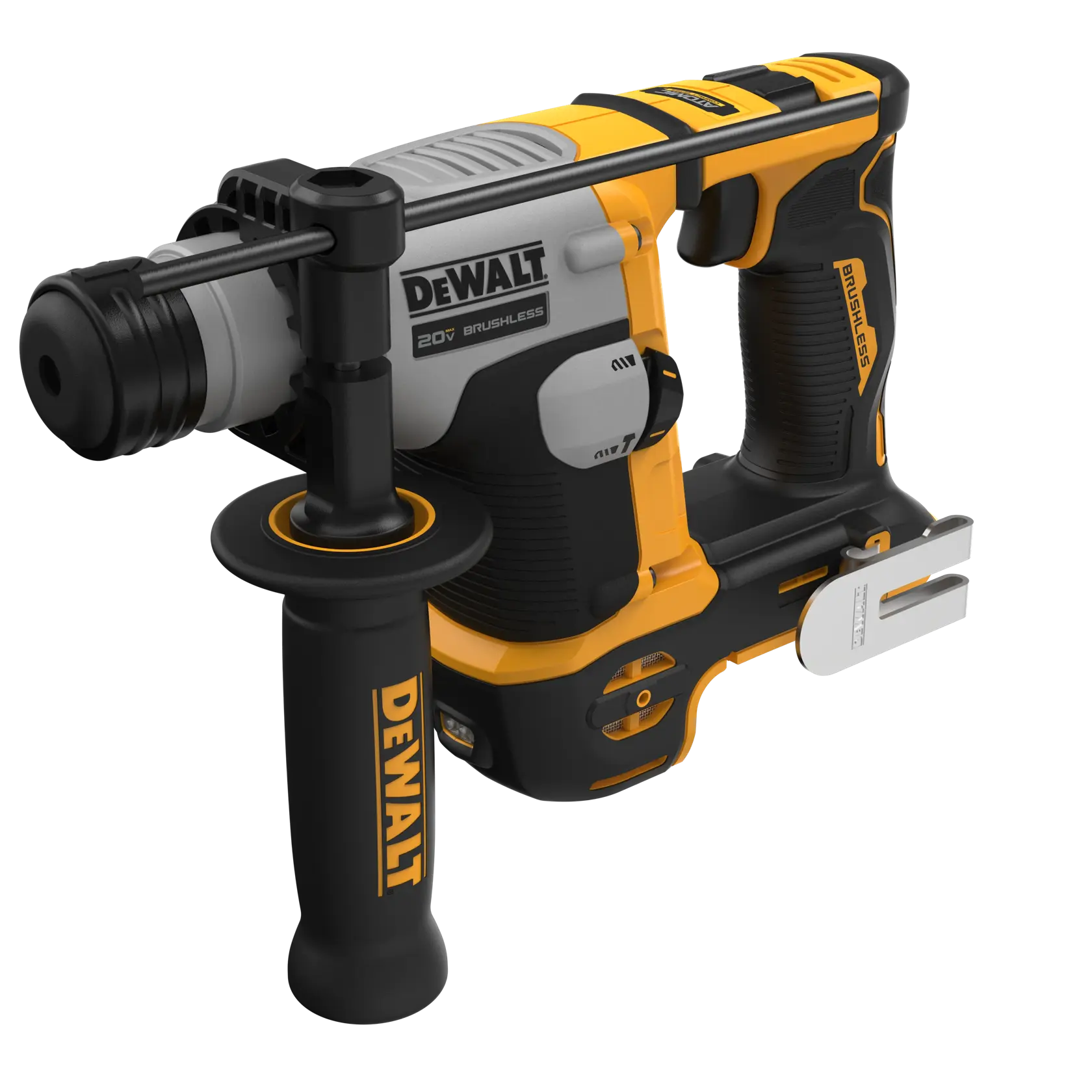 Um martelete rotativo DEWALT 20V brushless com design preto e amarelo, dotado de uma alça lateral e clipe para cinto.