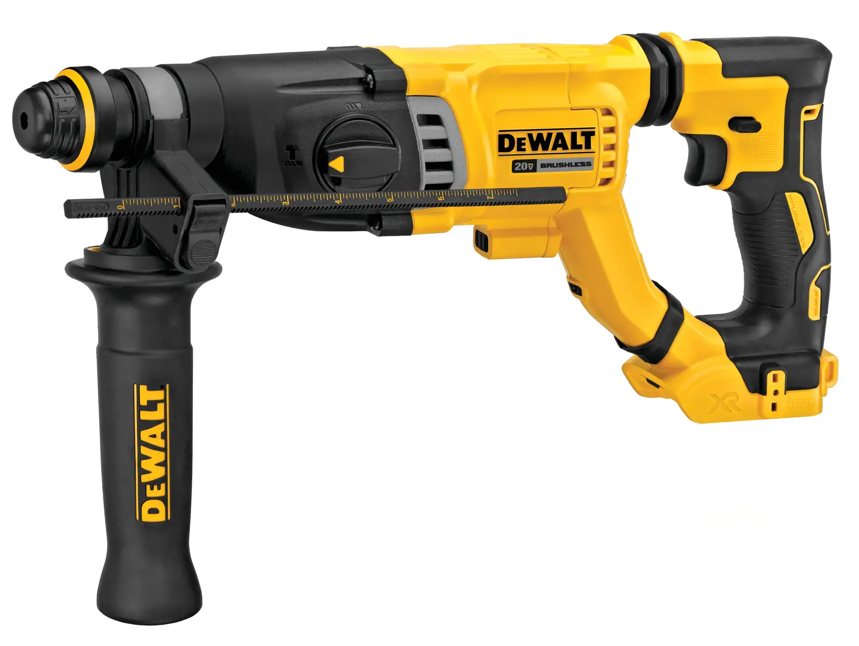 Martelete rotativo sem fio DEWALT amarelo e preto com cabo lateral e pegada ergonômica, projetado para uso pesado na construção. A ferramenta possui motor brushless de 20V.