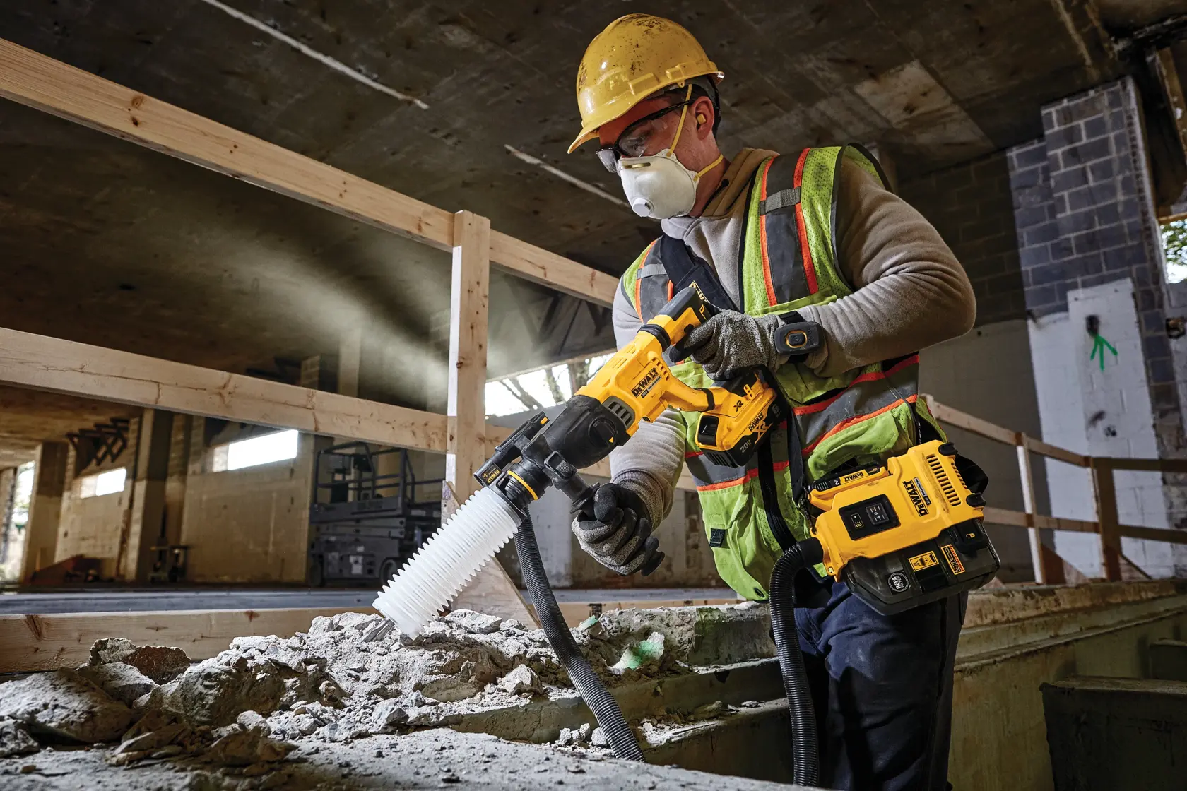 Martelo rotativo sem fio DEWALT 20V XR amarelo e preto, com suporte para ferramentas SDS Plus, energia de impacto de 3,0 joules, 1.165 RPM, controle de vibração ativo SHOCKS e modos para perfuração, martelete e cinzelar. Apenas ferramenta, bateria não incluída.