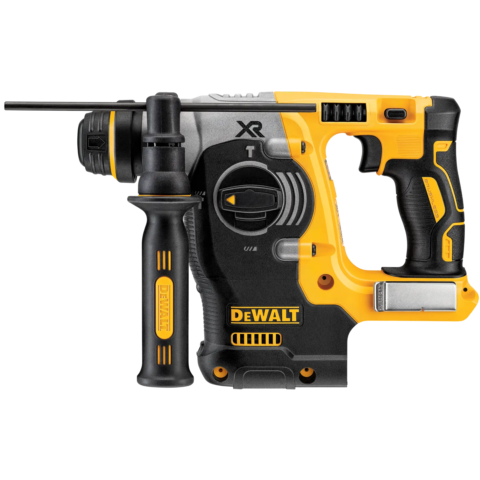 Um martelete rotativo sem fio DEWALT DCH273B com design preto e amarelo, com alça lateral e seletor de controle, exibido sobre um fundo branco.