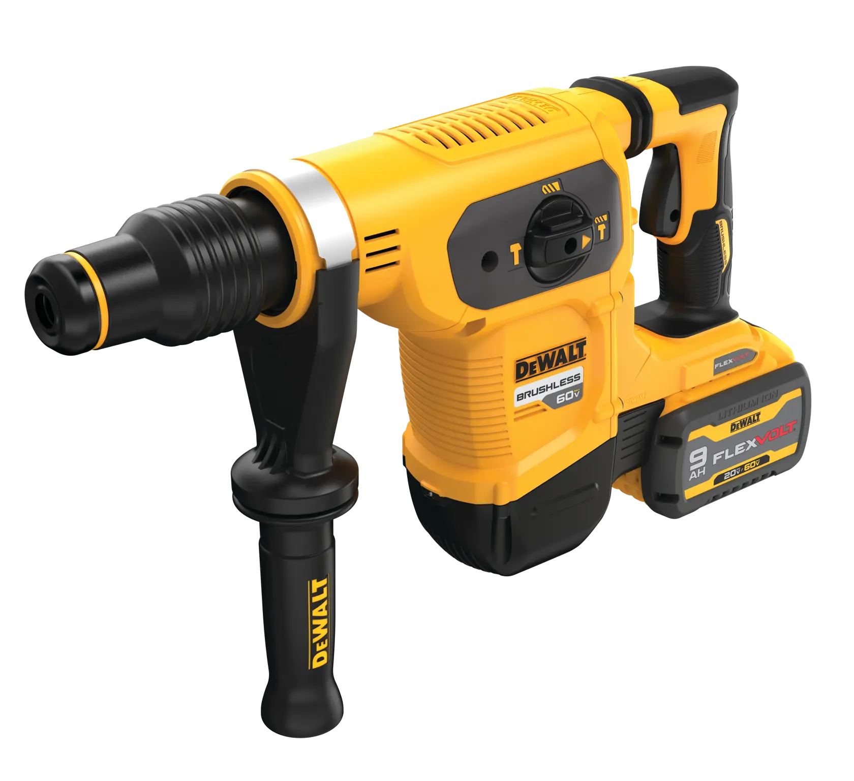 Um martelo rotativo sem fio DEWALT 60V brushless com cabo lateral e bateria de íon de lítio FLEXVOLT 9AH acoplada.