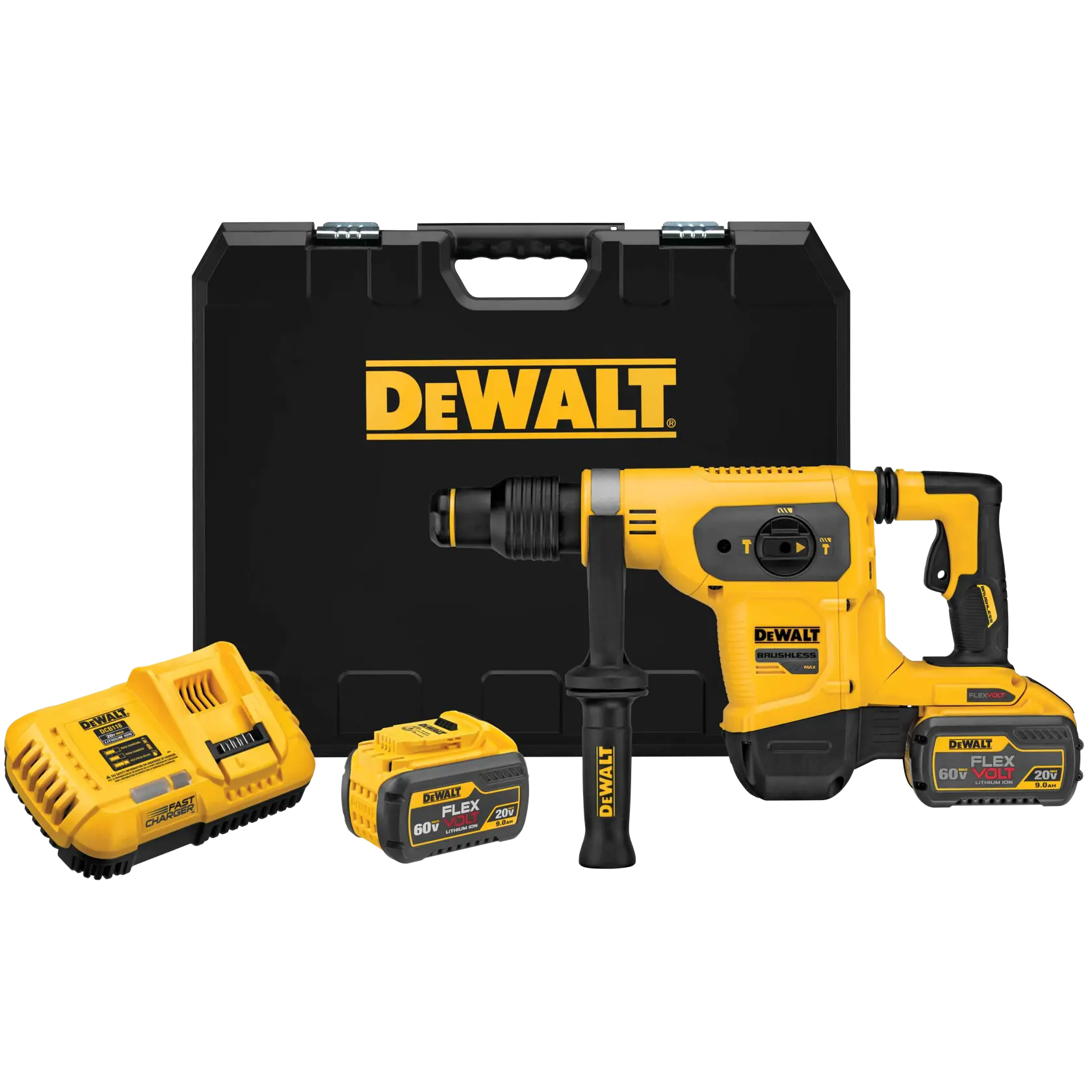 Um kit de martelete rotativo DEWALT, incluindo um martelete rotativo sem fio amarelo e preto, duas baterias FLEXVOLT, um carregador e uma maleta rígida com a logo DEWALT.