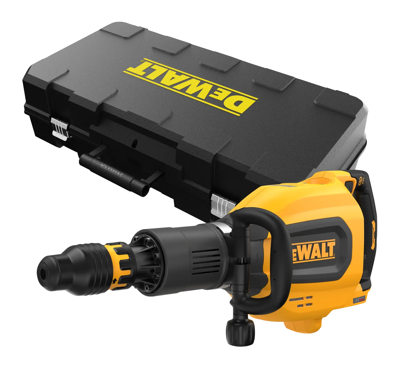 Um martelo demolidor DEWALT amarelo e preto com uma alça robusta, mostrado na frente de uma maleta preta DEWALT.