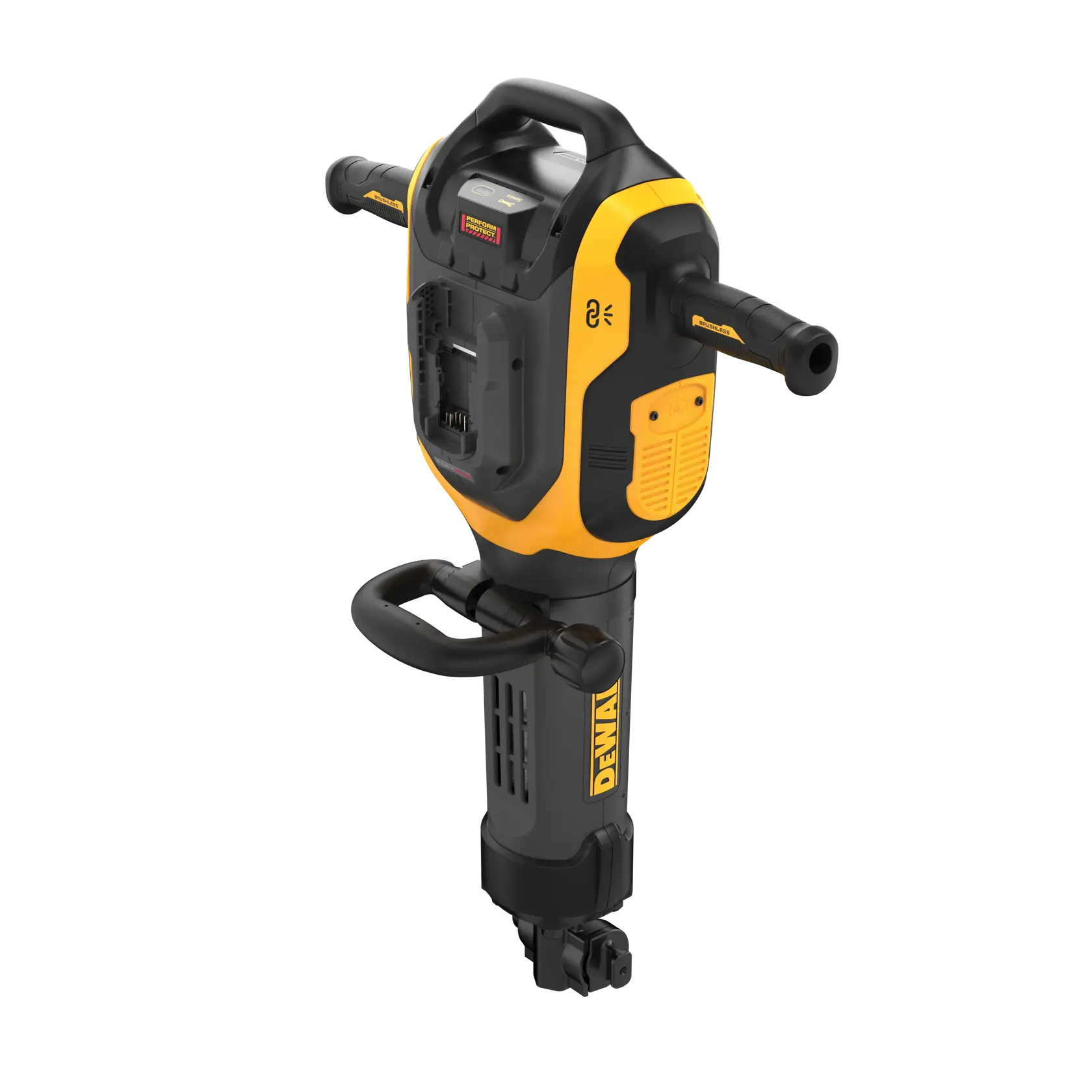 Uma ferramenta de martelete demolidor sem fio da marca DEWALT, nas cores amarelo e preto, com design ergonômico de duas alças e painel de controle visível.