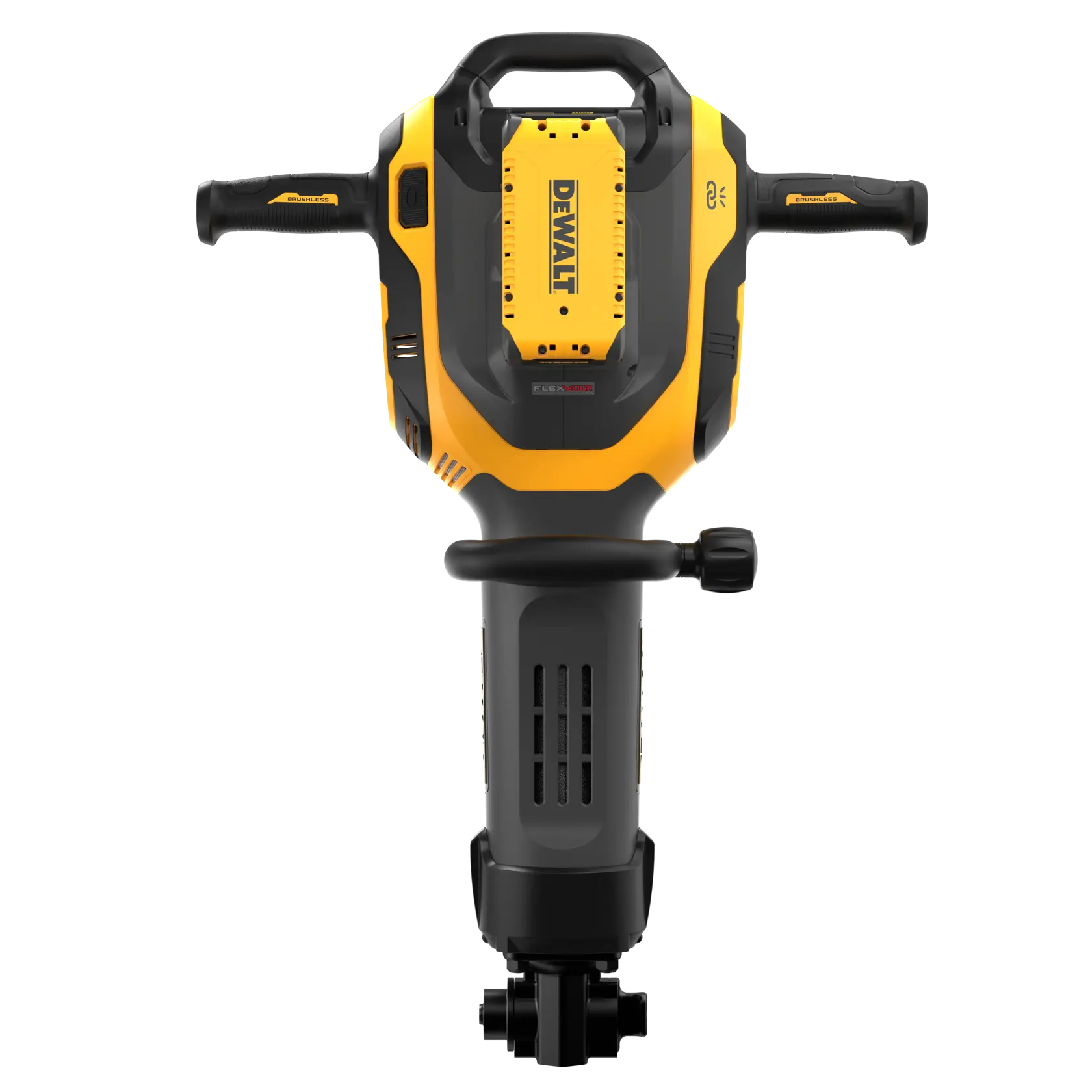 Vista frontal de um martelete demolidor elétrico da marca DEWALT com design amarelo e preto, duas alças laterais e um compartimento central para bateria.