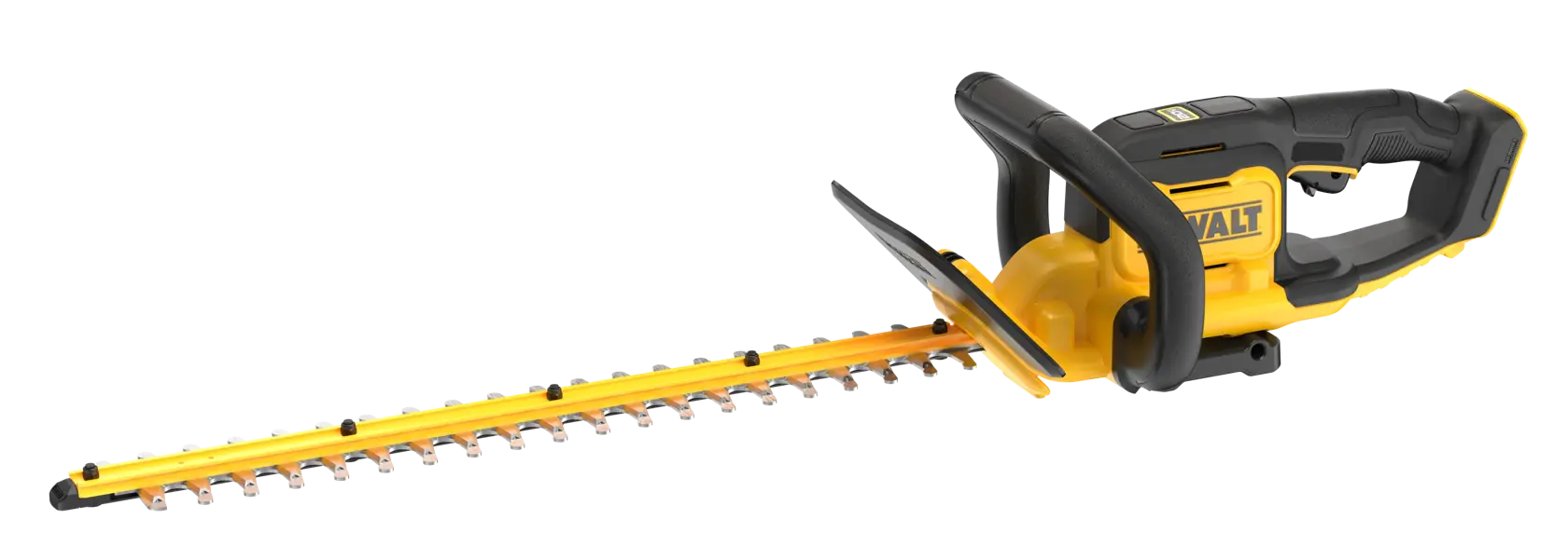 Um aparador de cerca-viva sem fio amarelo e preto com cabo ergonômico, fabricado pela DEWALT. A ferramenta possui uma lâmina longa projetada para cortar cercas-vivas.
