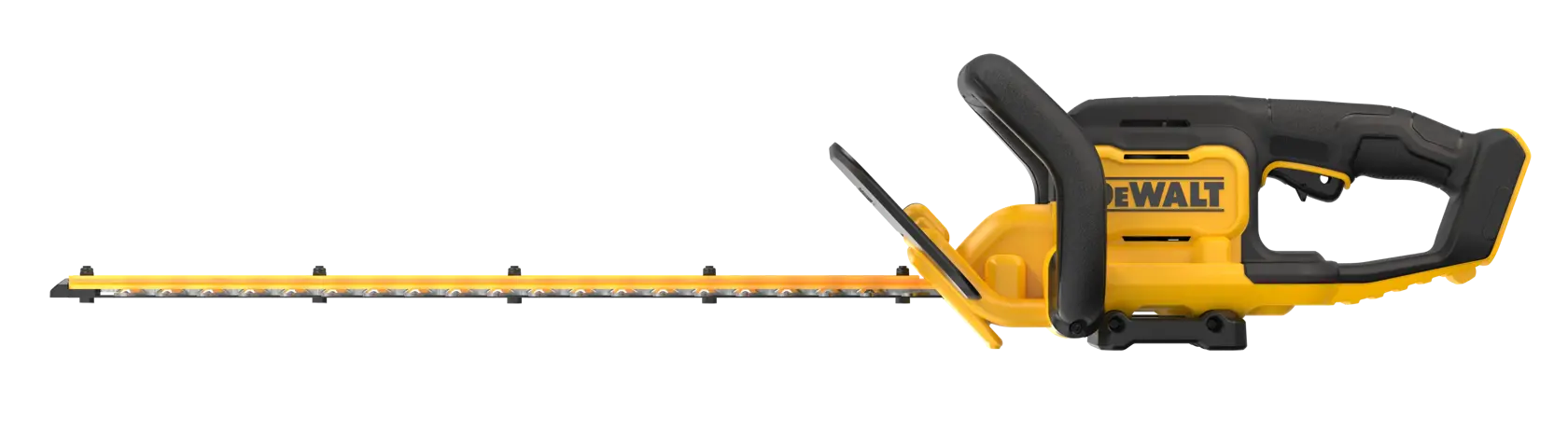 Aparador de cerca viva sem fio amarelo e preto com lâmina longa, cabo e proteção, da marca DEWALT.