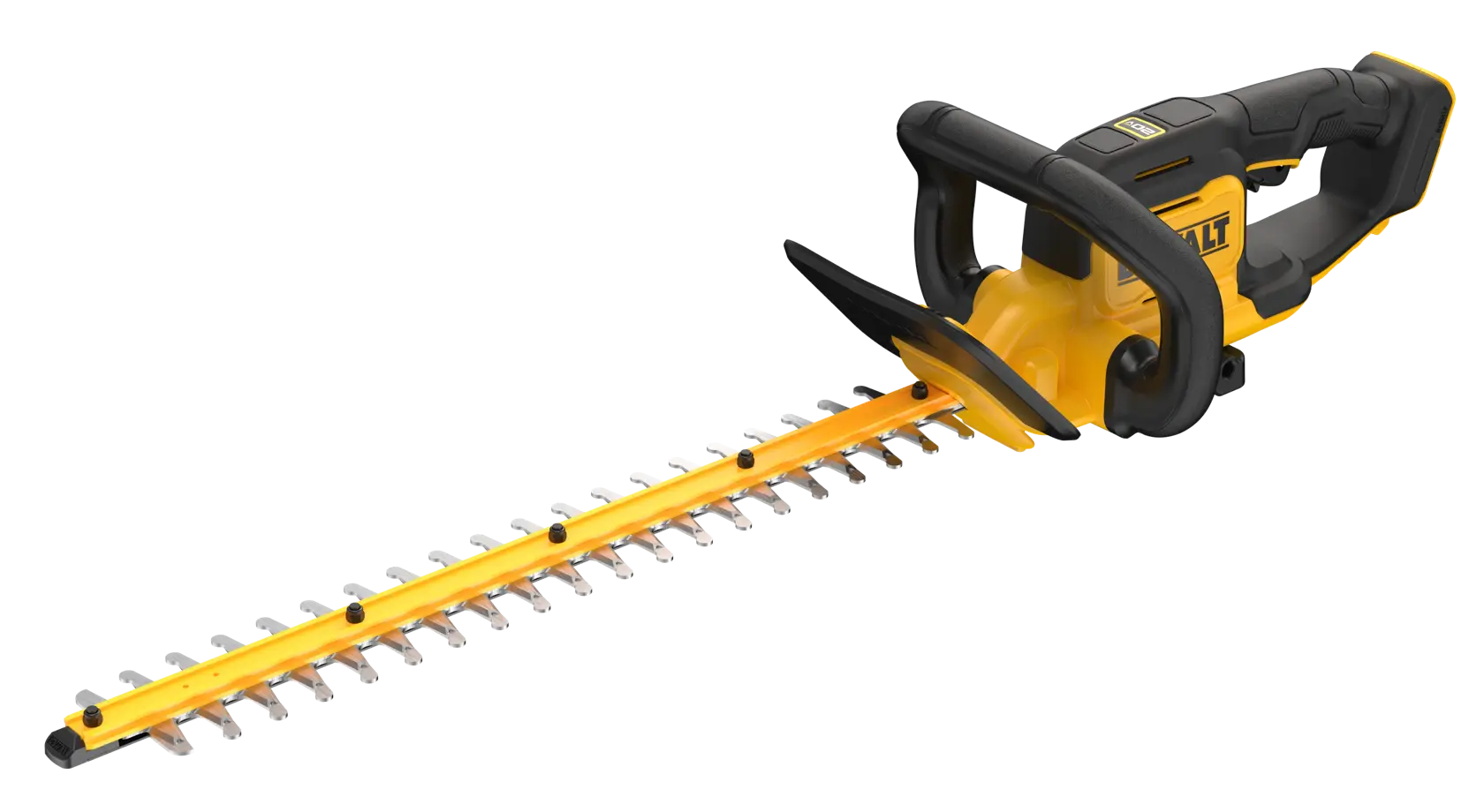 Um aparador de cercas sem fio amarelo e preto da DEWALT, com cabo ergonômico e lâmina longa de dupla ação.
