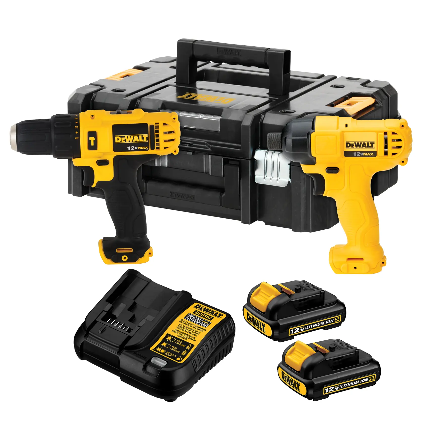 Kit de ferramentas sem fio DEWALT incluindo uma maleta preta, uma furadeira amarela e preta, uma parafusadeira de impacto amarela e preta, um carregador de bateria e duas baterias de íon de lítio 12V.