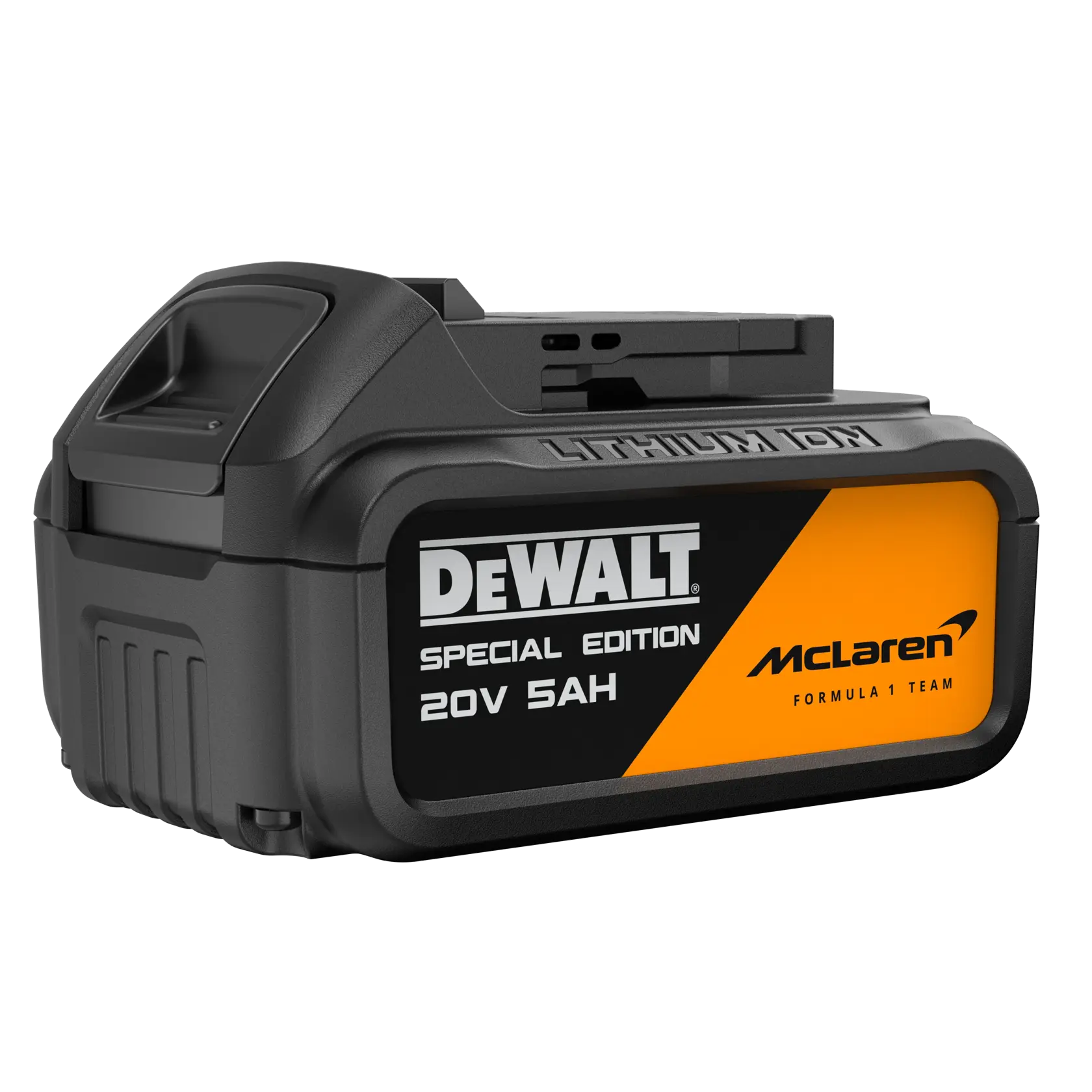 Uma bateria de íon de lítio DEWALT edição especial 20V 5AH com marca McLaren Formula 1 Team, apresentando cores preta e