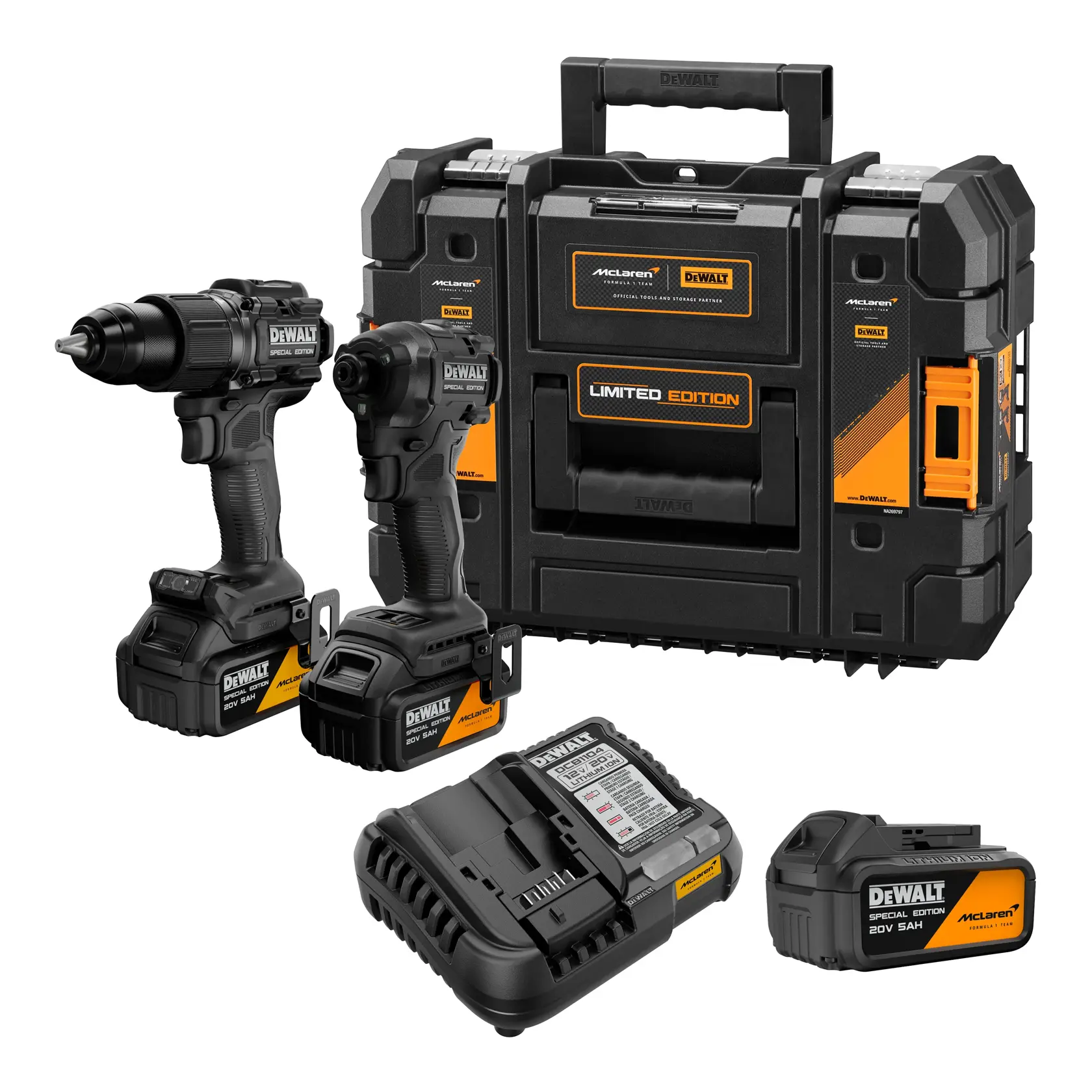 Conjunto de ferramentas edição limitada DEWALT com dois ferramentas elétricas sem fio, uma resistente caixa de transporte